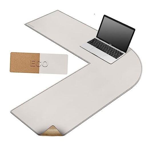 (40”+ 40”) x 13” L Shaped Corner Desk Mat, Cork & Leather Dual Sided Desk Pad
