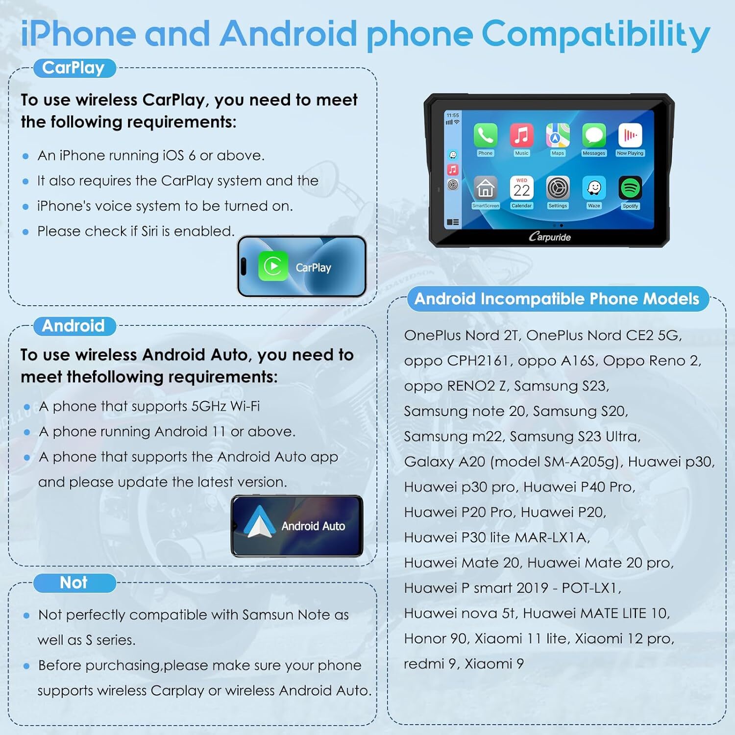 CARPURIDE W702Pro Carplay Wireless Android Auto Dual Bluetooth Intercom Compass