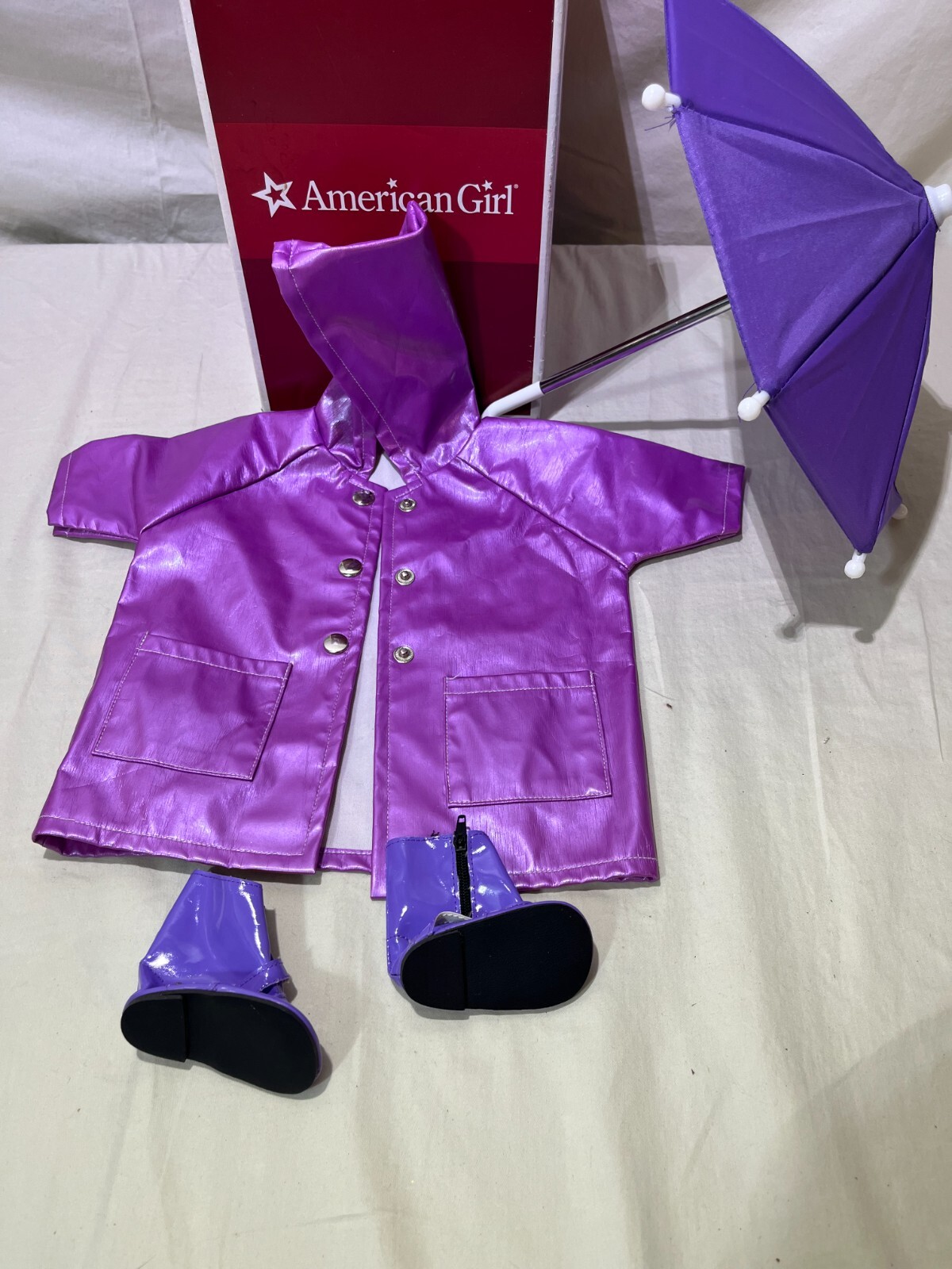 AMERICAN GIRL DOLL THEMED Pleasant Company rain umbrella, jacket and boots