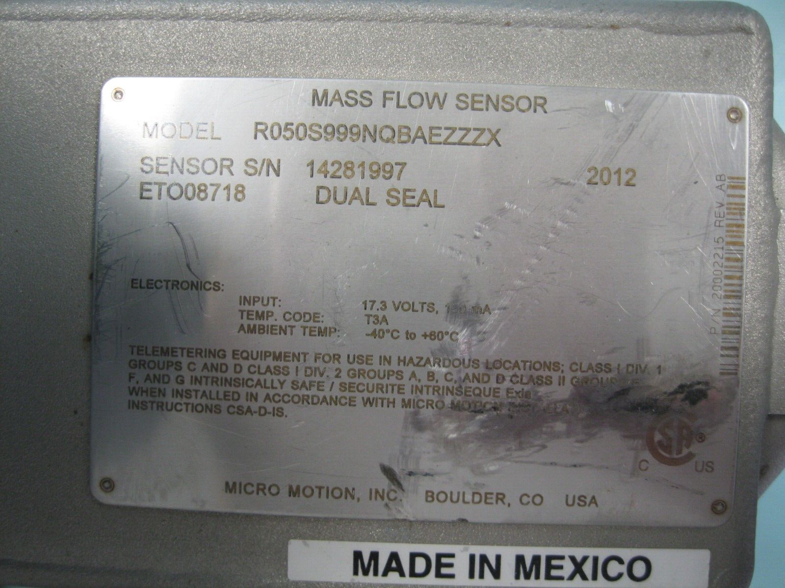 1/2" 150# Micro Motion R050 Mass Flow Sensor 2012 w/ 700 Core Processor CAL. G20