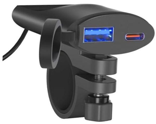 Motorcycle USB Charger, 30W PD Dual Port Handlebar Mount | USB-C PD & QC3.0