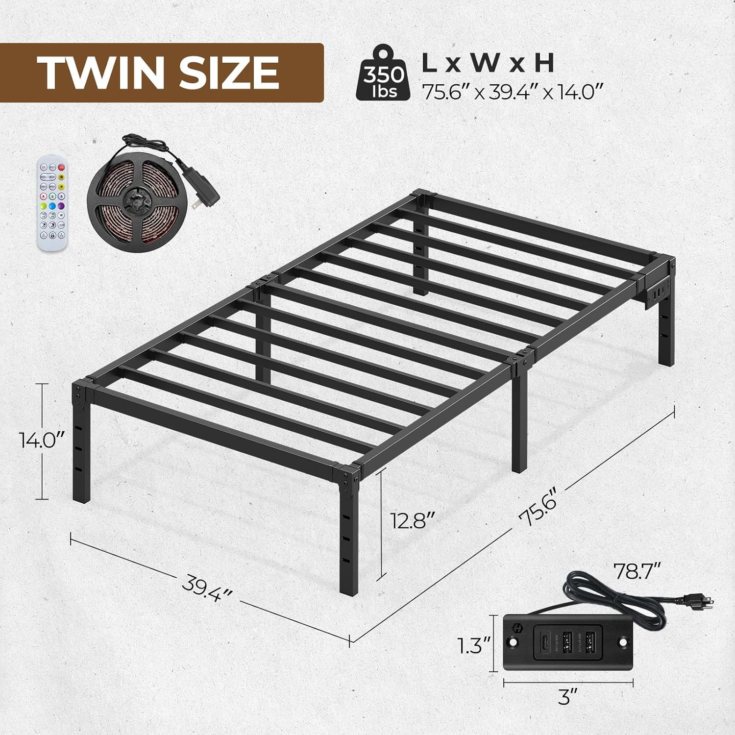 Bed Frame with USB Charging Station, Twin Bed Frame with LED Lights, Platform Be
