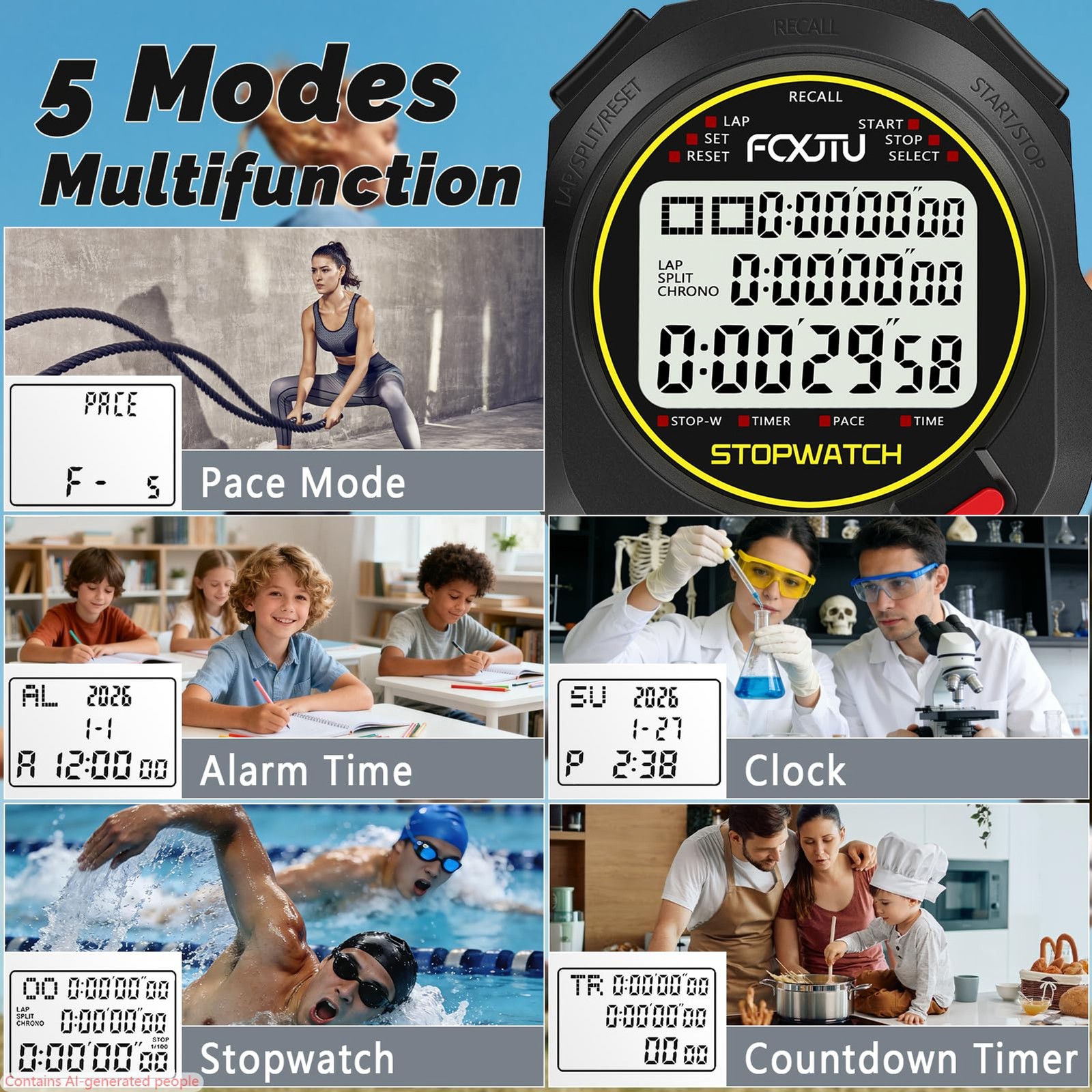 Professional Stopwatch Timer, 3-Row 10 Lap/Split Memory Count up/Down Timer, Ext