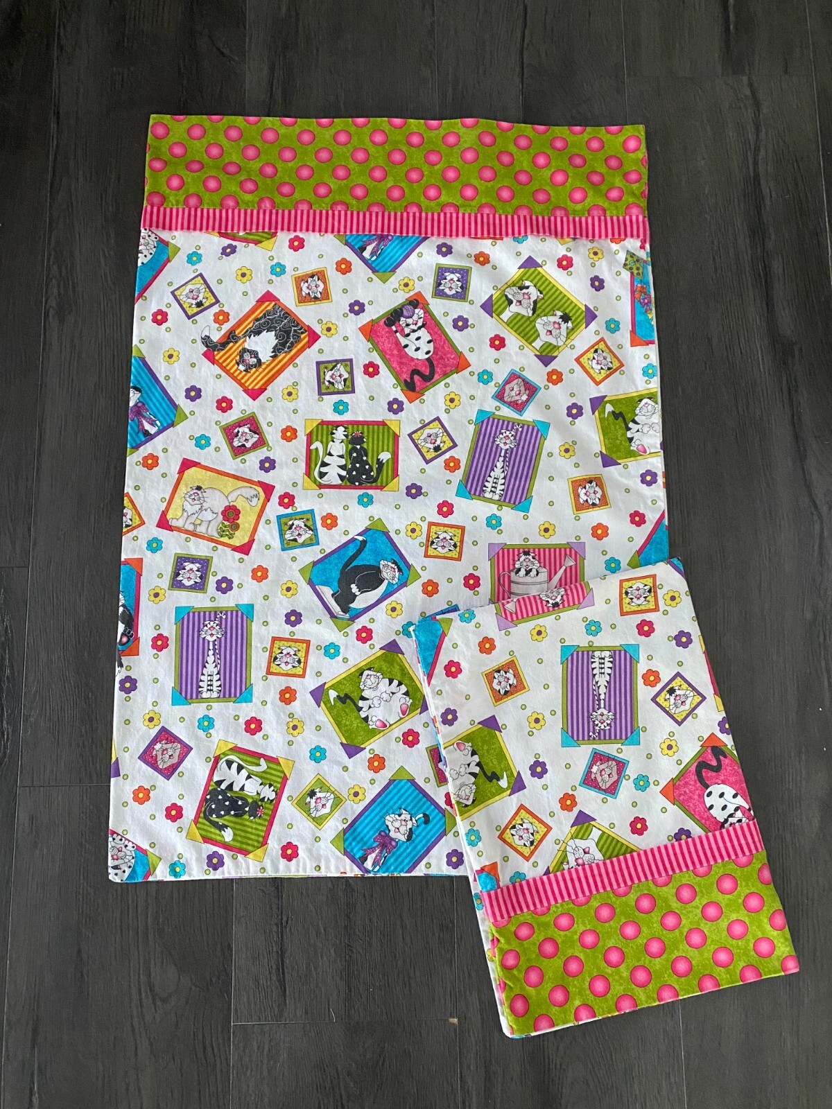 Standard Size Handmade Pillowcase Set Of 2 "Cats" with Polka Dot edges