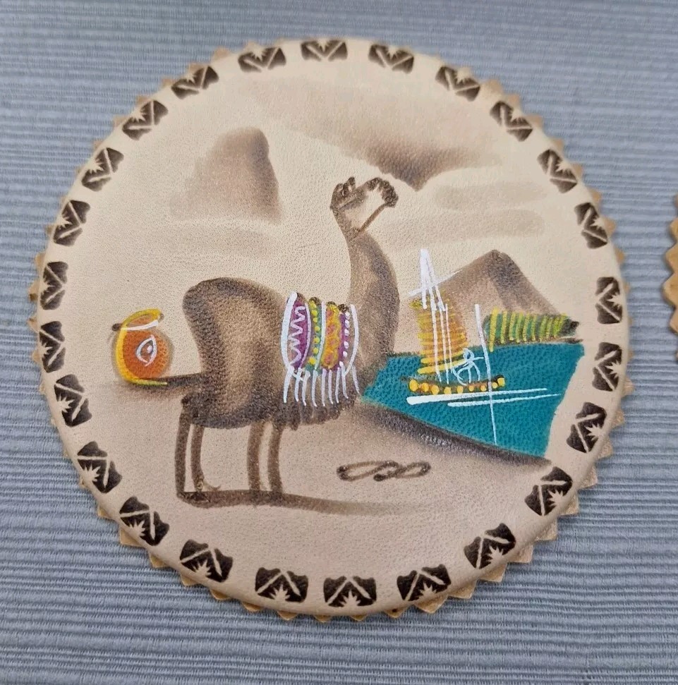 Vintage Hand Painted Leather Coasters Set 6 With Holder Peru Folk Art