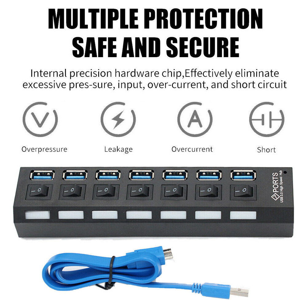 7 Port USB 3.0 Hub Splitter Adapter High Speed Extension For PC Laptop Desktop