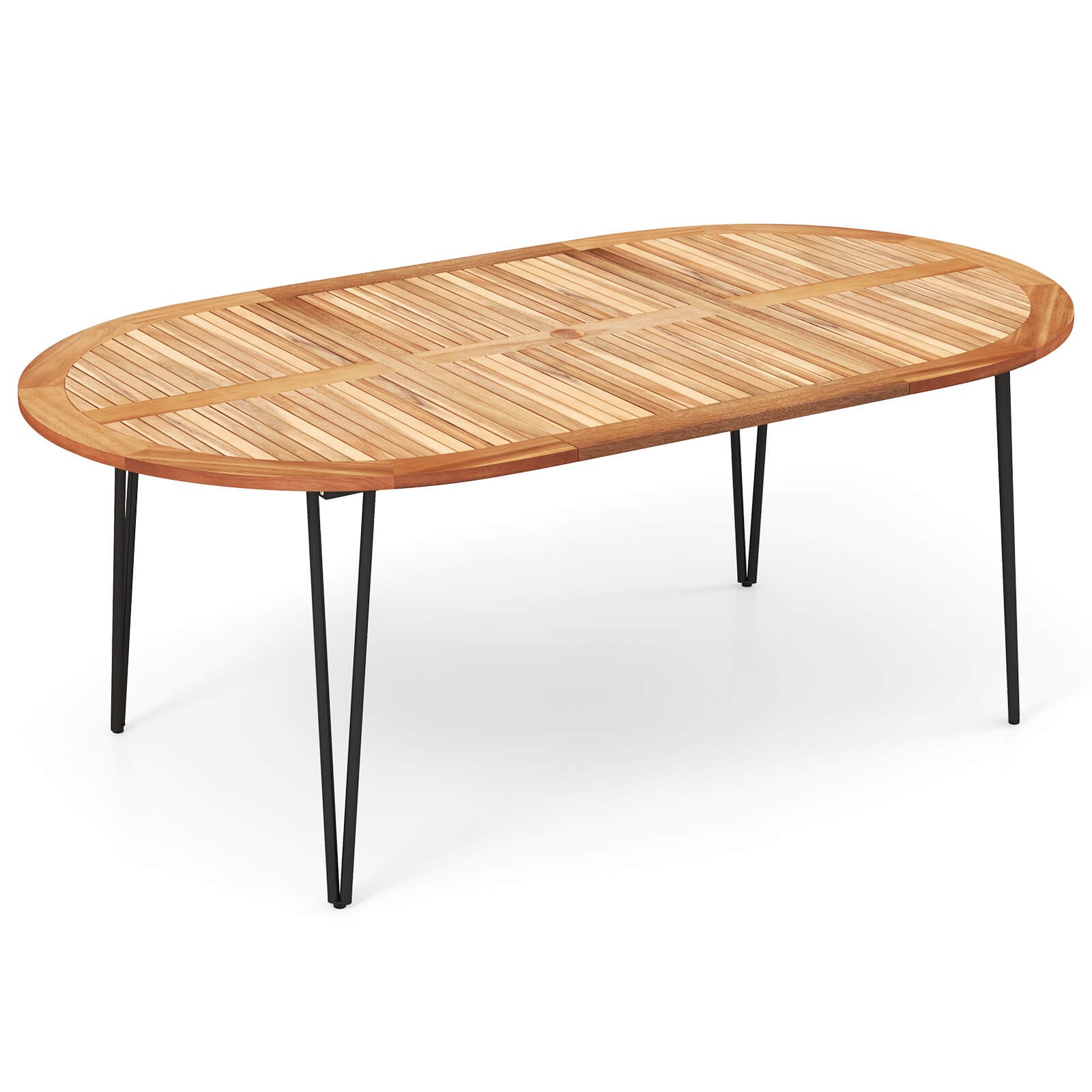 79" Patio Dining Table w/ Umbrella Hole Acacia Wood Tabletop & Sturdy Metal Legs