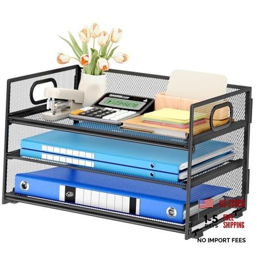 3 Tier Paper Letter Tray Organizer for Desk Metal 12.6" x 9.1" x 8.1" Black