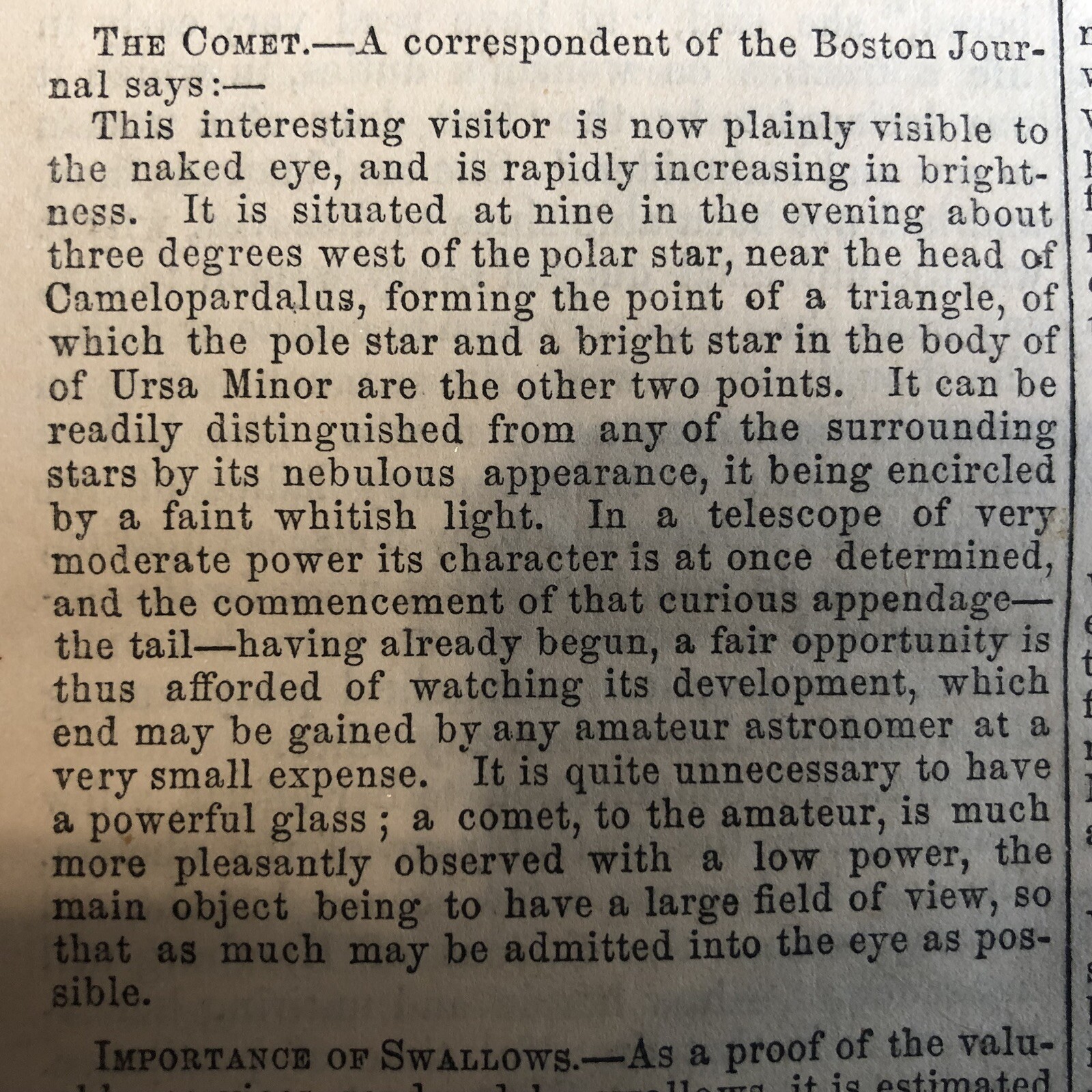 1862 Newspaper ASTRONOMER GEORGE BOND DISCOVERS COMET 1862 II @ Harvard College