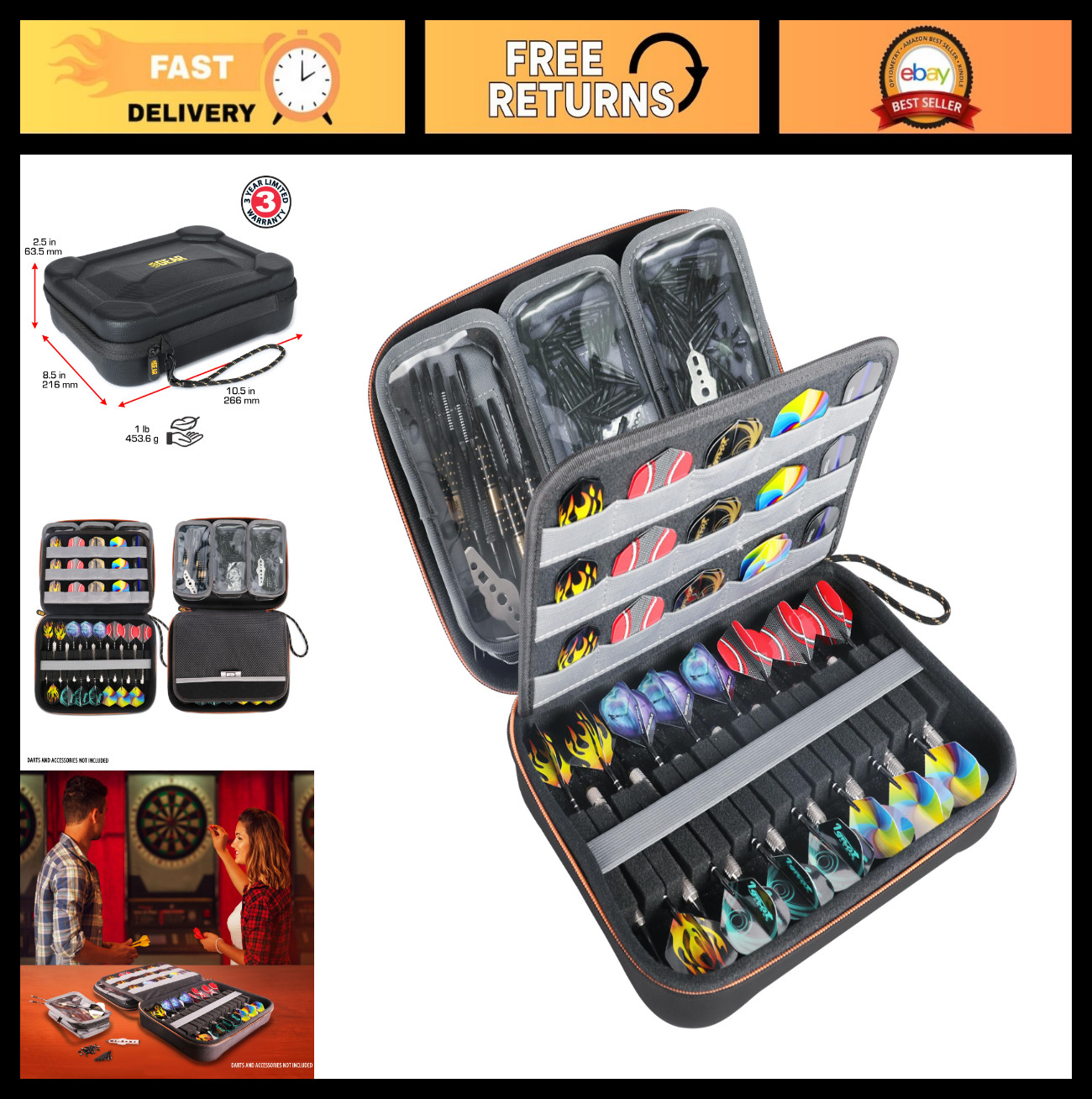 XL Semi Hard Shell Dart Case - Protective Storage for 15-Piece Dart Set, Tips &