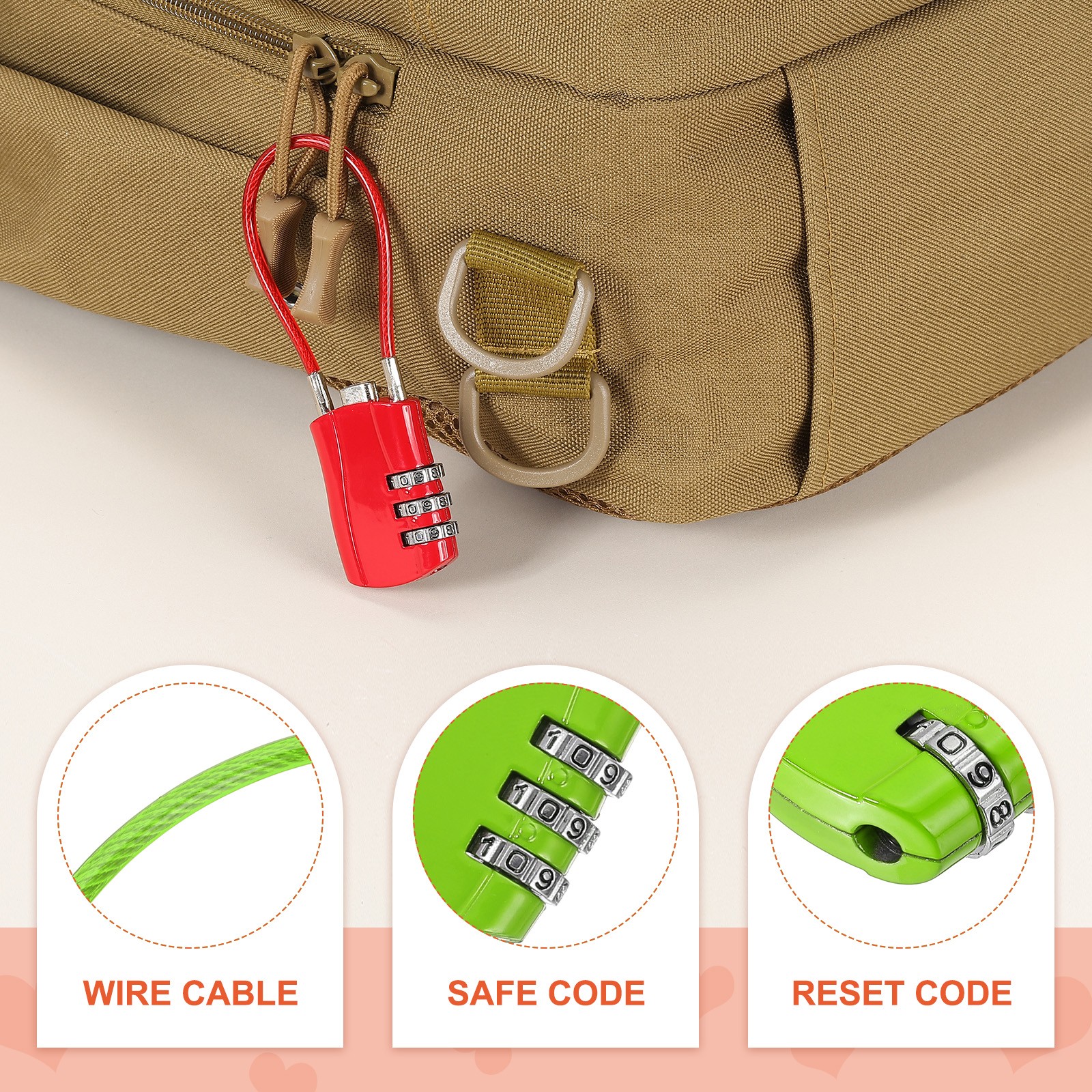 4 Pcs 3 Digit Luggage Cable Combination Lock with 20" Long Cable, Green
