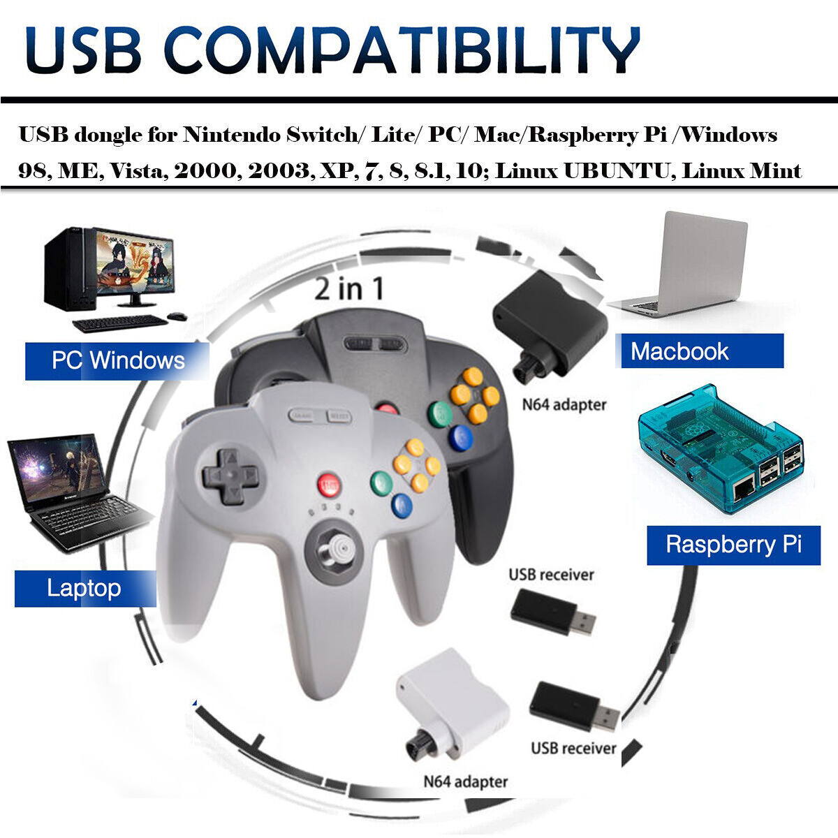 Wireless N64 Controller for N64/ Nintendo Switch PC Mac Win w/ USB& N64 Receiver