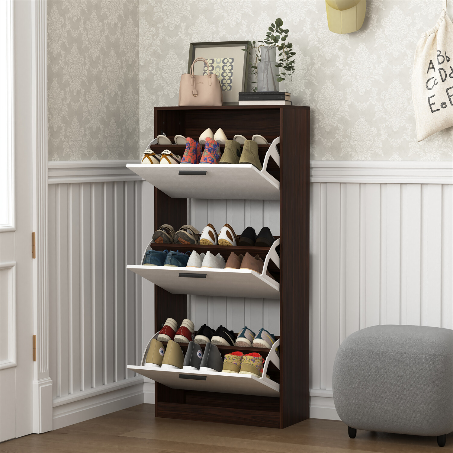 Modern Shoe Cabinet w/ 3 Flip Drawers Shoe Rack Storage Organizer for Entryway