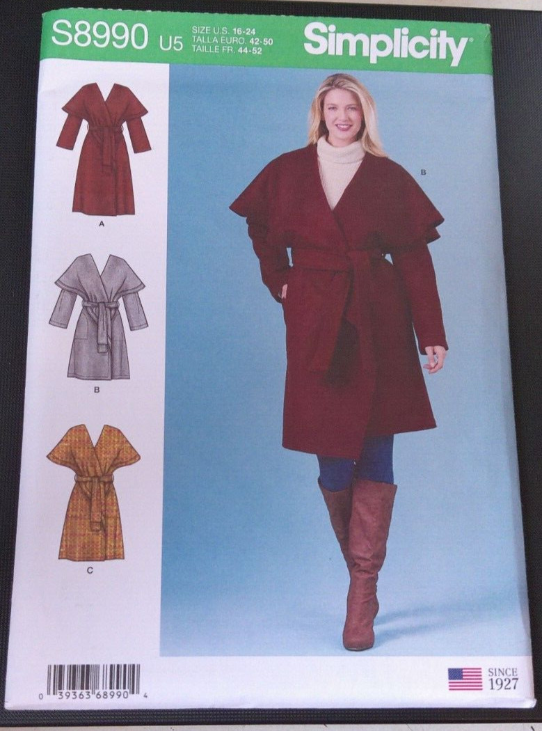 Simplicity Pattern S8990 Ms Wrap Coat w/Sleeve Opt & Cape Effect & Belt Sz 16-24