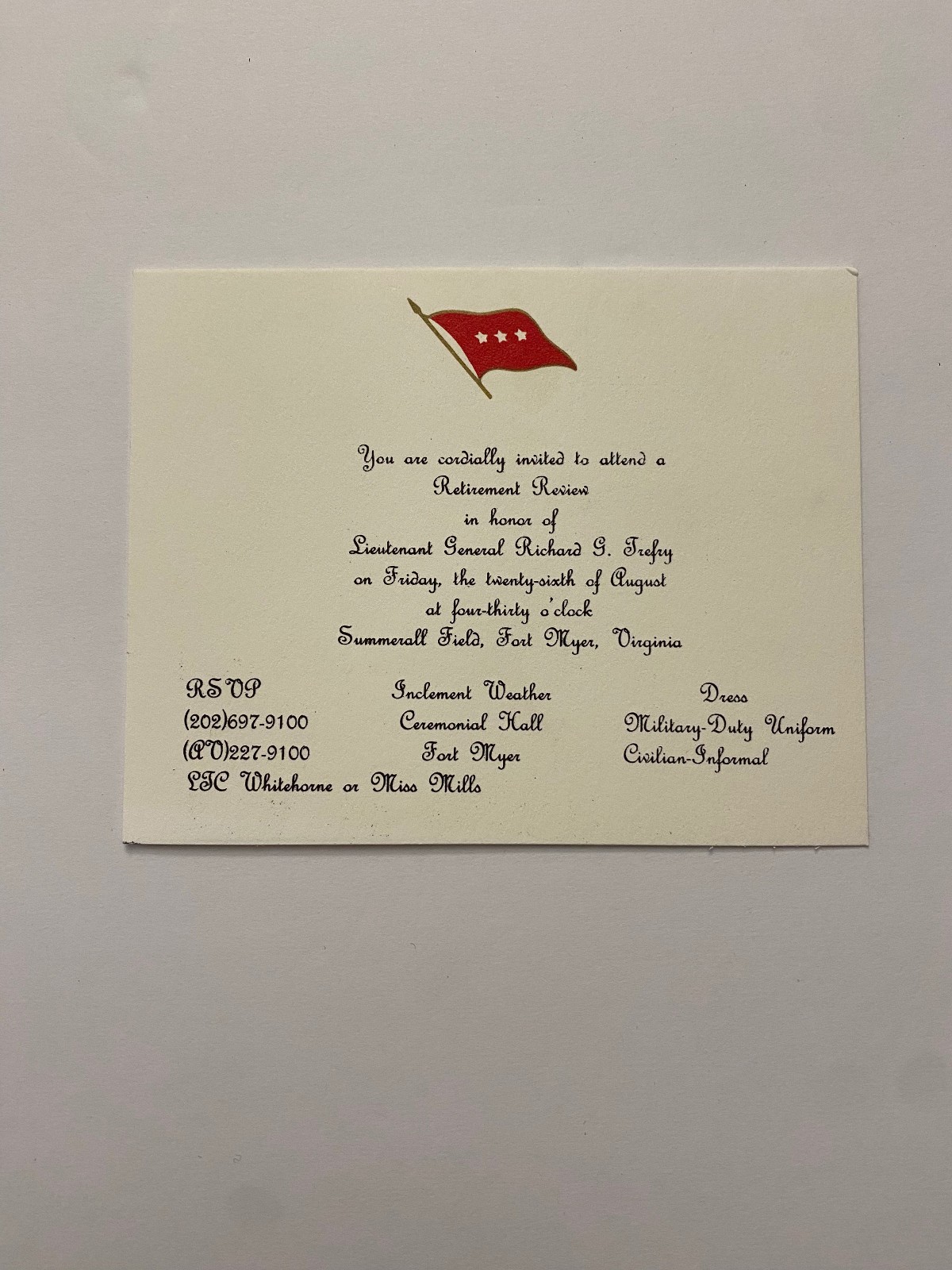1983 US Army Invitation Lt General Richard G Trefry Retirement Review Fort Myer
