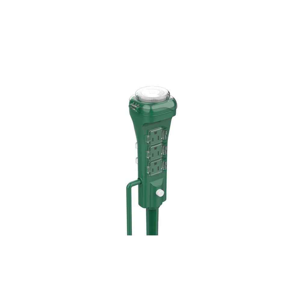 DEFIANT Outdoor Yard Stake Power Strip Controller with Mechanical Timer, Green