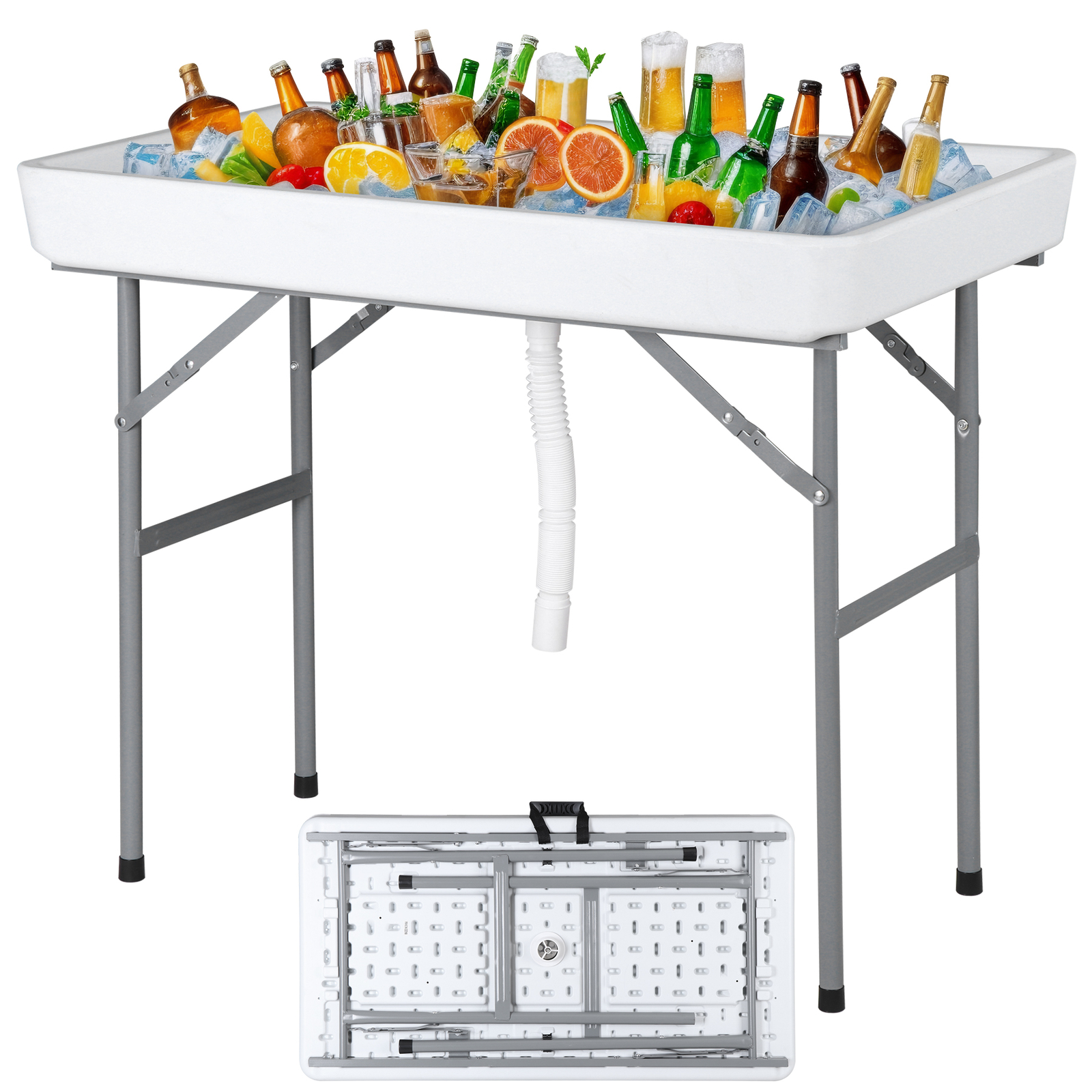 3.4' Foldable Party Ice Bin Table with Edge and Skirt Drain Hose w/5L Bucket