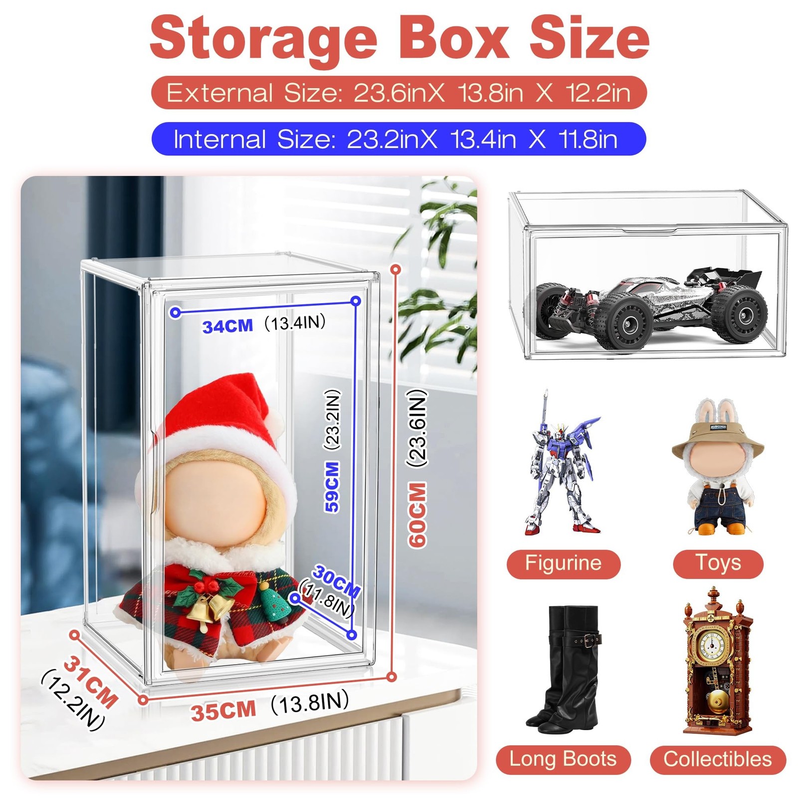 23.6 inch Tall Acrylic Display Case 13.8'' x 12.2'' x 23.6'' Stackable Boot &...