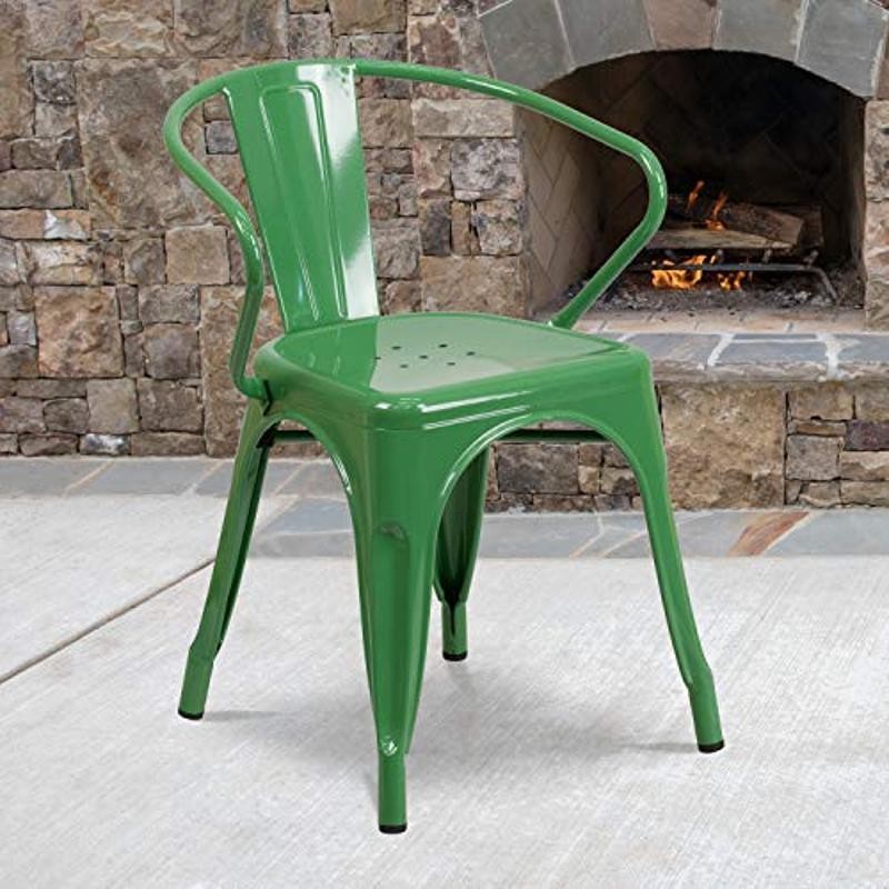 Commercial Grade Green Metal Dining Chair Stackable Weather Resistant 500 Lbs