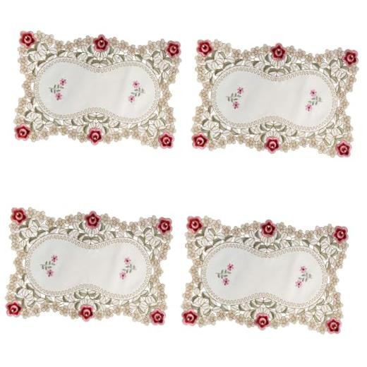 Set of 4 Flower Embroidered Placemats, Oblong 45 X 30CM(18" X 12") Red Rose
