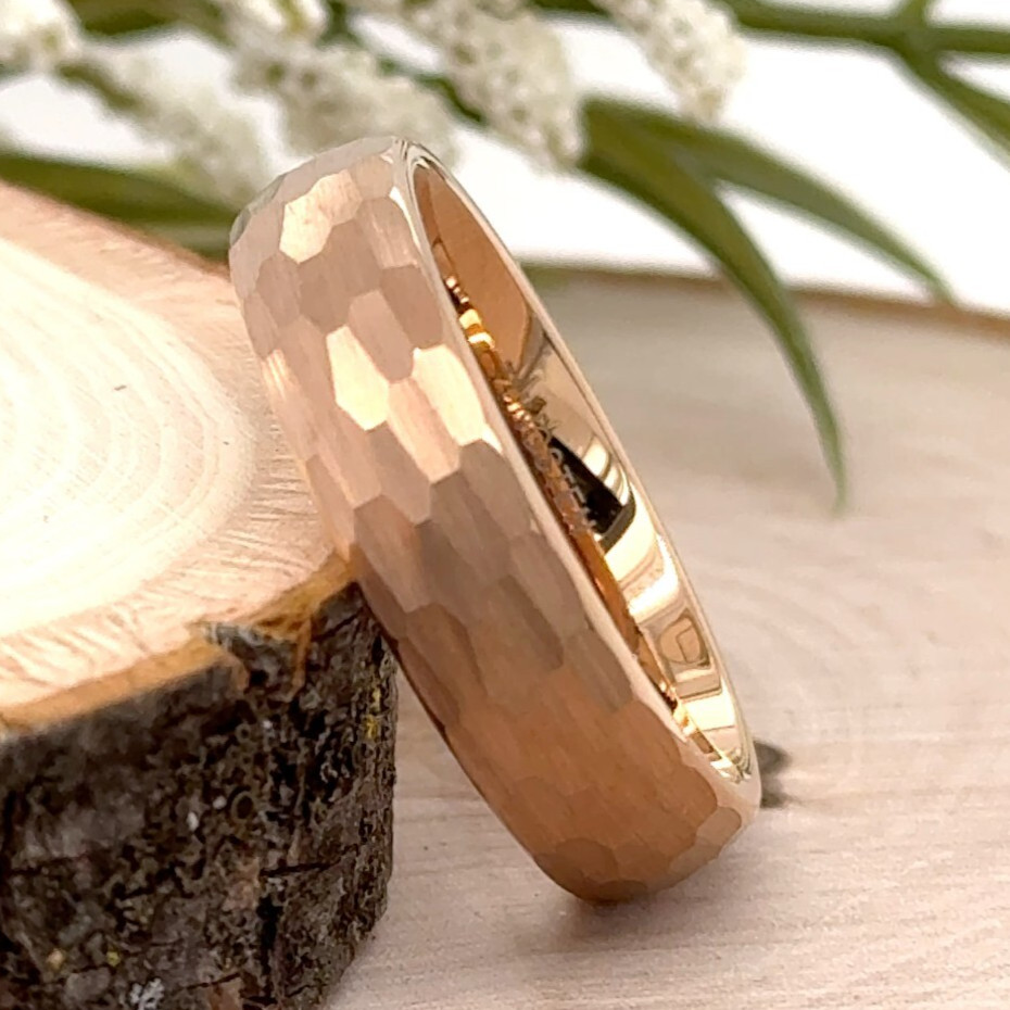 Hammered Brushed Design Ring For Christmas Rose Gold Tungsten 6MM Polished Ring