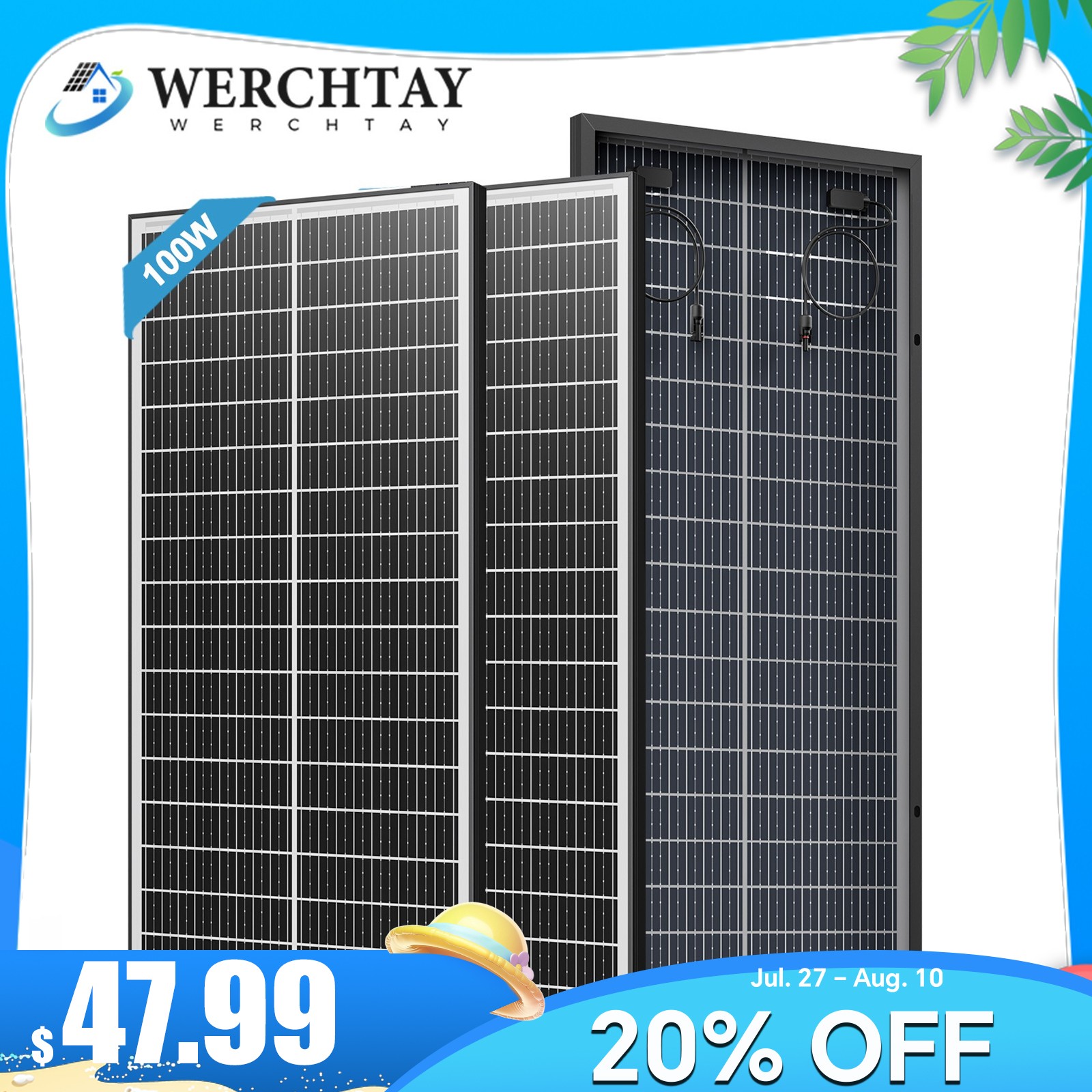 Werchtay 100Watt Bifacial Solar Panel 2Pack(200W)12V Mono Home PV Power Off-Grid