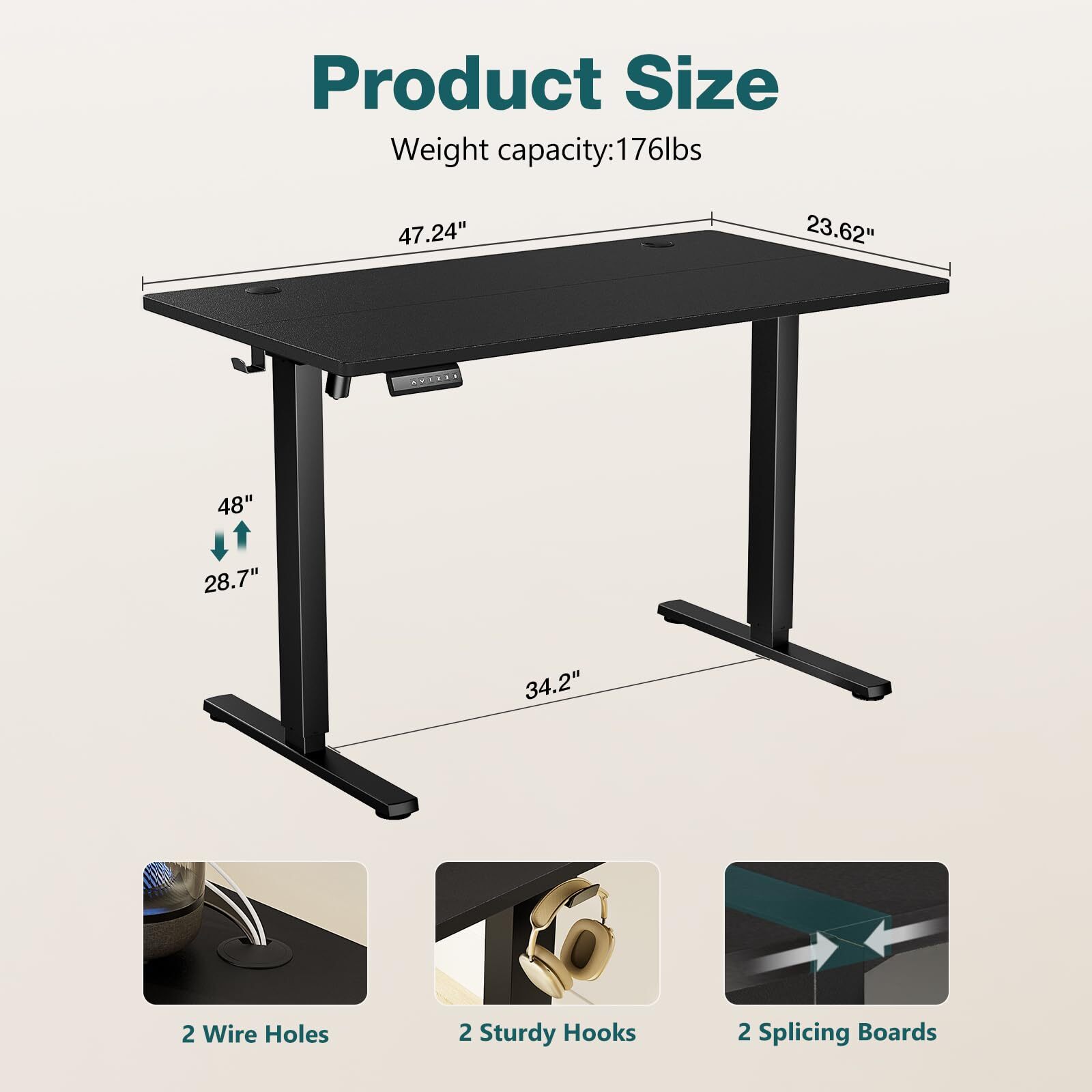 Black 24x48" Adjustable Standing Desk with Cable Management, Ergonomic Height