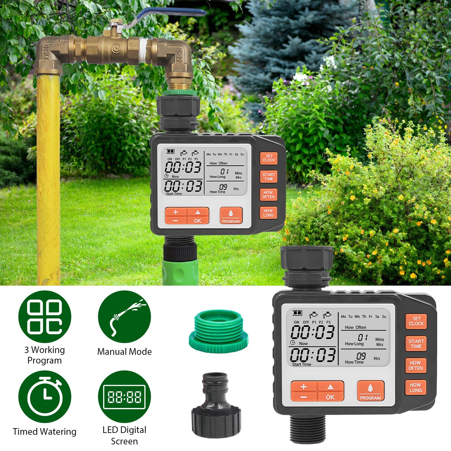 Automatic & Manual Watering Timer Garden Programmable Sprinkler Control Outdoor