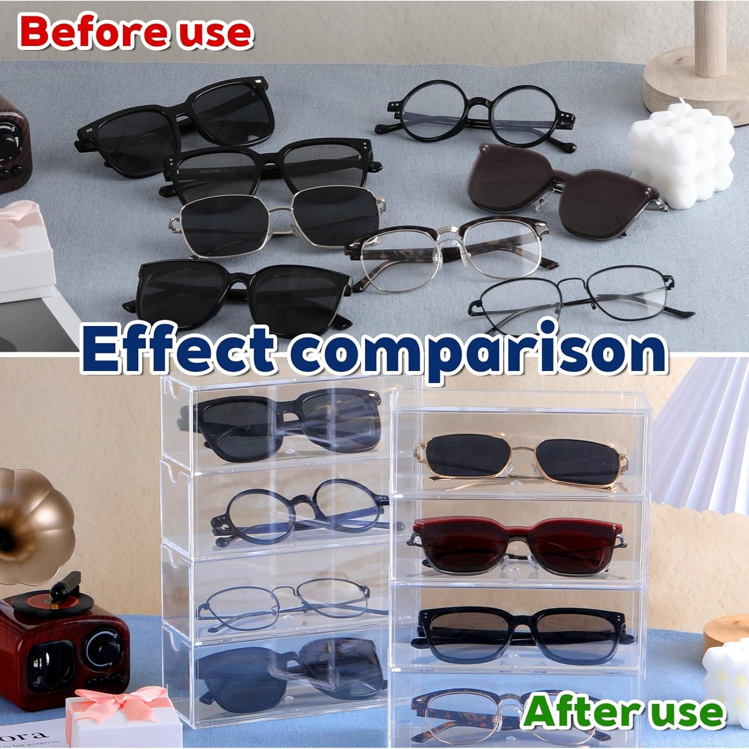 2PCS Clear Acrylic Sunglasses Organizer Plastic Stackable Eyeglass Case Storage