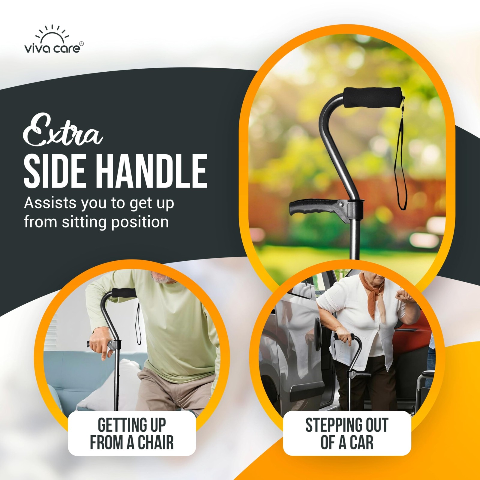 Foldable Adjustable 4 Prong Walking Cane with Extra Side Handle, Adult, Black