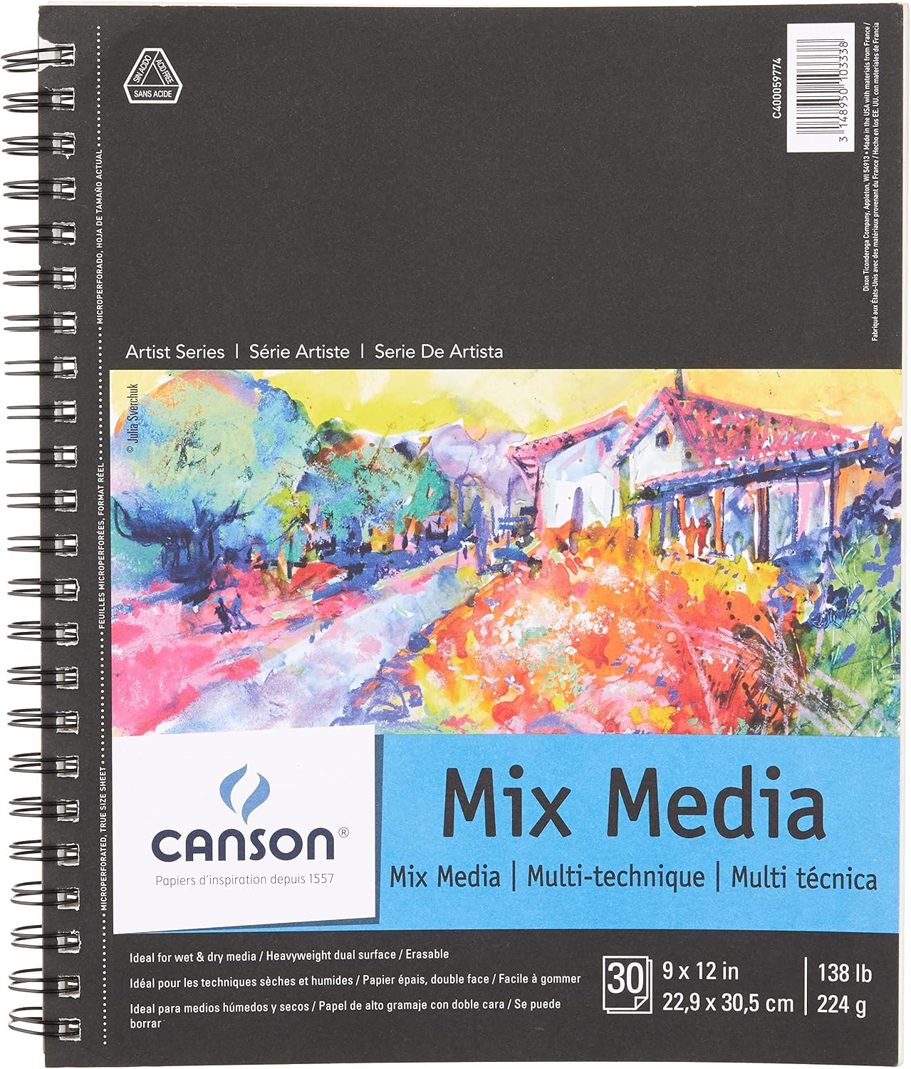 Canson Artist Series Mixed Media Paper, Wirebound Pad, 9X12 Inches, 30 Sheets (1