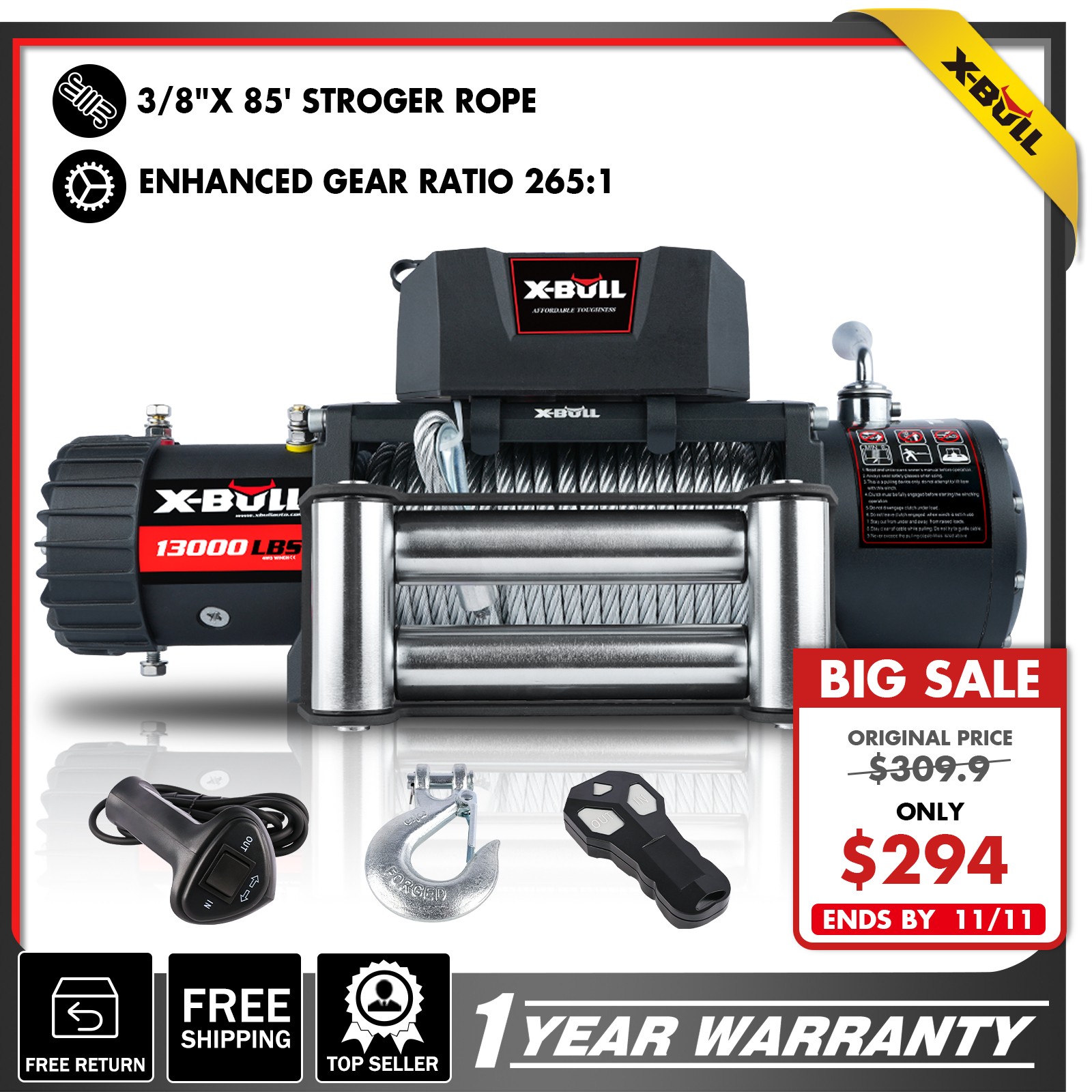 X-BULL 13000LBS Electric Winch Remote Control for Truck Trailer Tow 4×4 Off Road