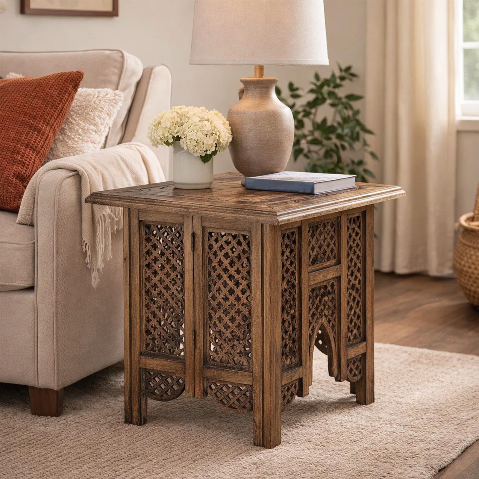 21 Inch Boho Side End Table- Floral Carved Details- Foldable Panel Legs