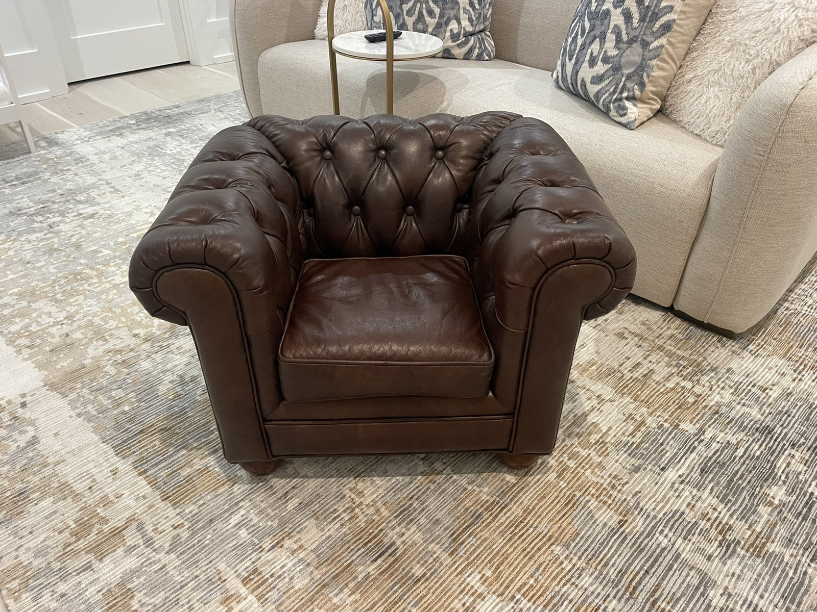 Pottery Barn Kids Brown Leather Rollback  Chair 31”x25” Wood Feet EUC