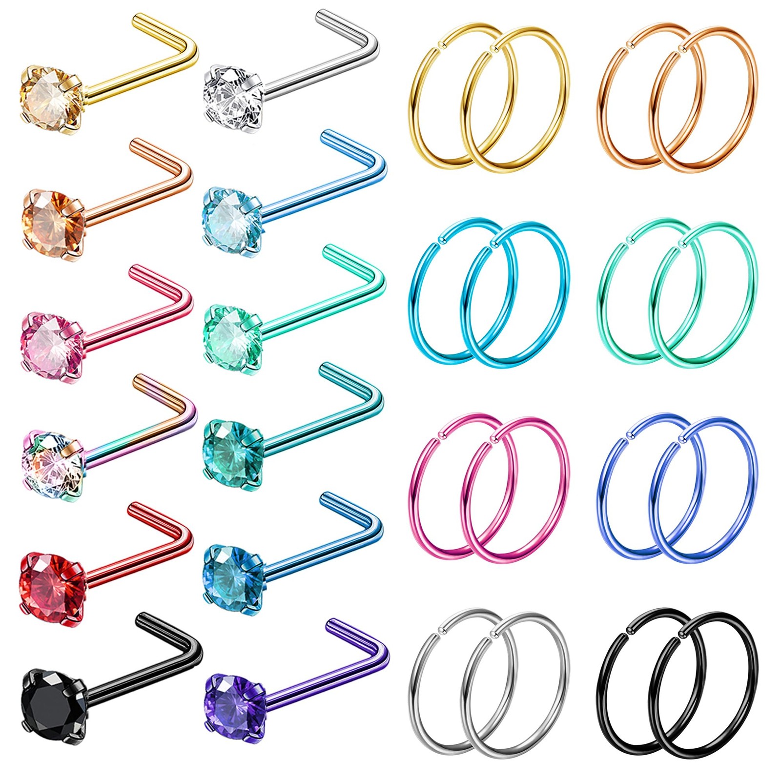 28PCS 18G Hypoallergenic Nose Rings Hoops Studs - 316L 18G, Colorful