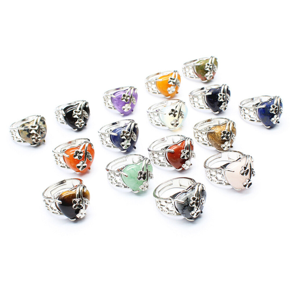 Natural Chakra Crystal Love Heart Rose Flower Ring Quartz Jewelry Healing Reiki