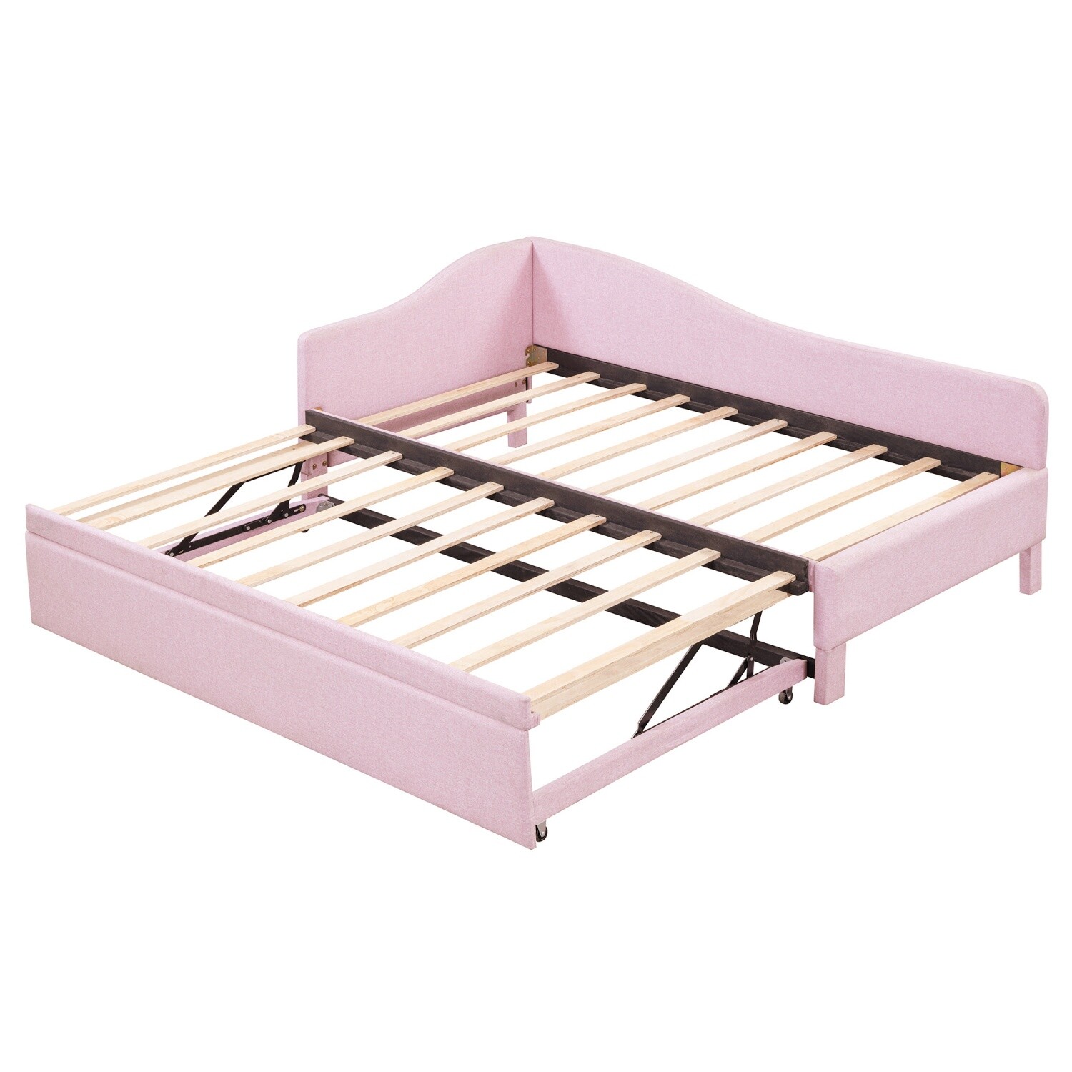 Twin Size Daybed Linen Upholstered Bed Frame Sofa Bed with Pull Out Trundle Bed
