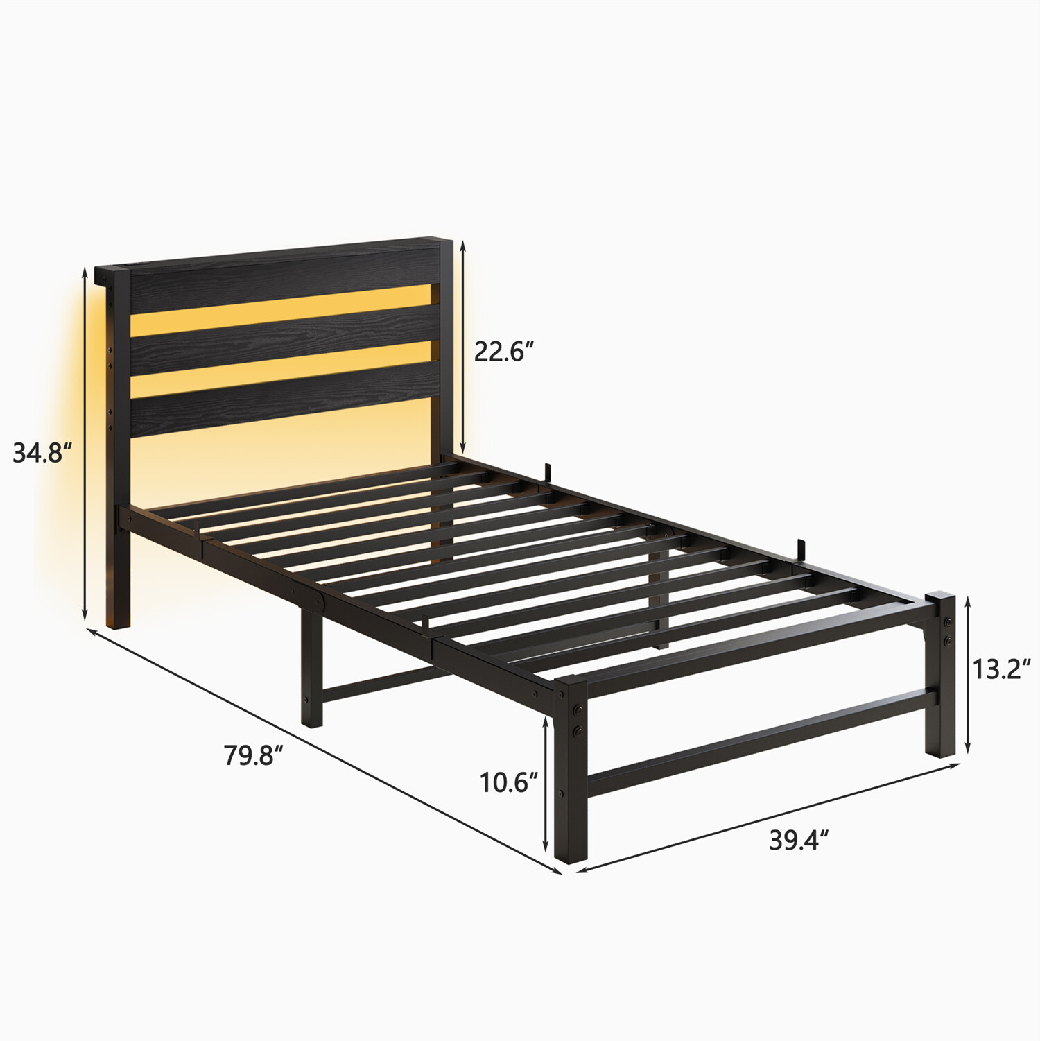Twin Size Bed Frame Metal Platform Bed with LED Lights & Charging Station US