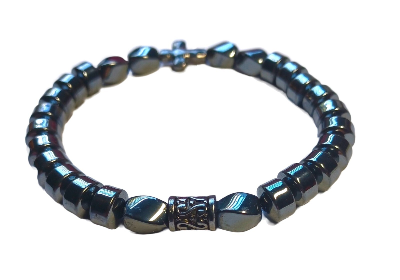 Chic Hematite Beaded Bracelet with Cross Charm