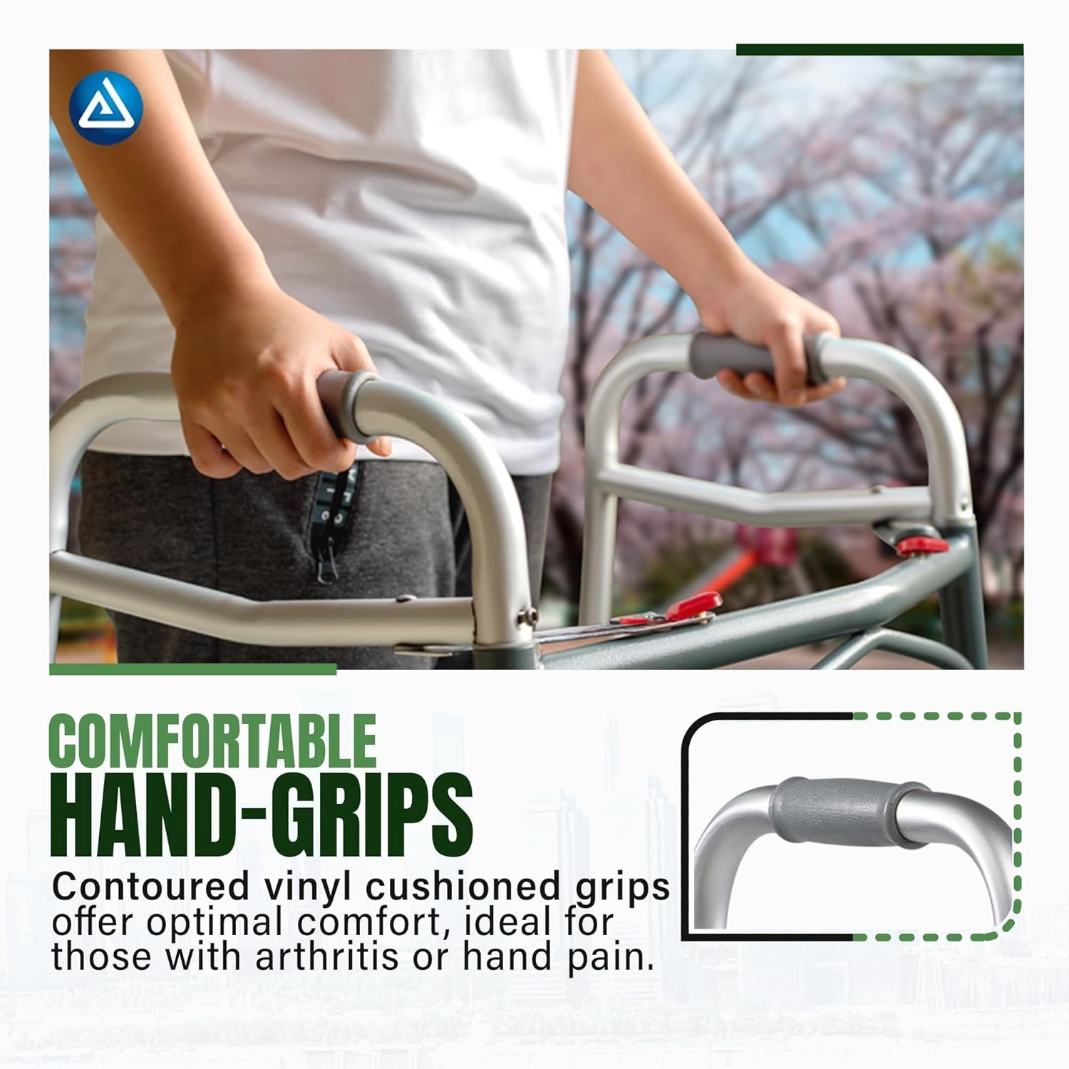 Junior Two-Button Folding Walker with Wheels has Tool-Free Adjustable Height
