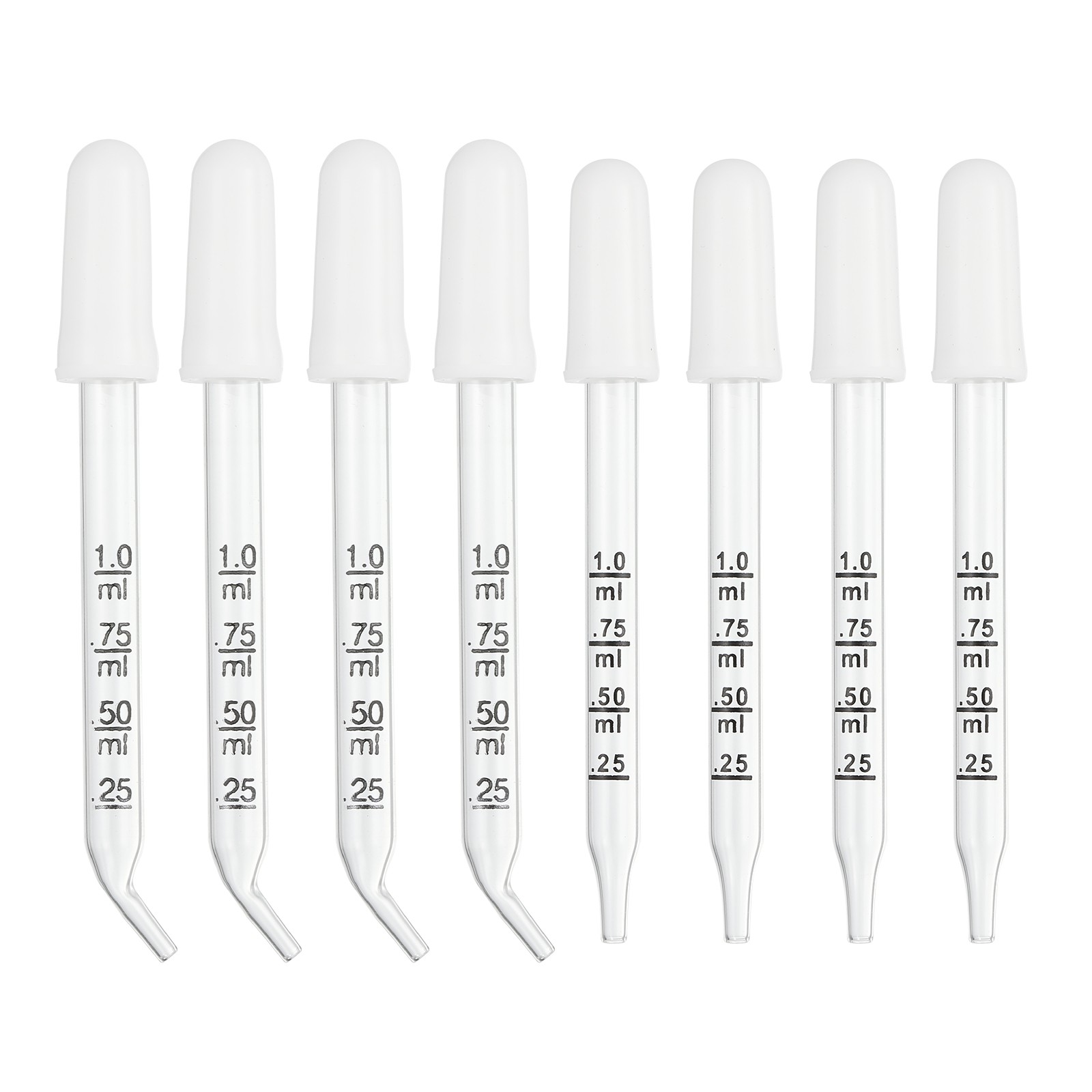 8Pcs 1ml Glass Bent and Straight Tip Eye Dropper with Rubber Cap Clear White