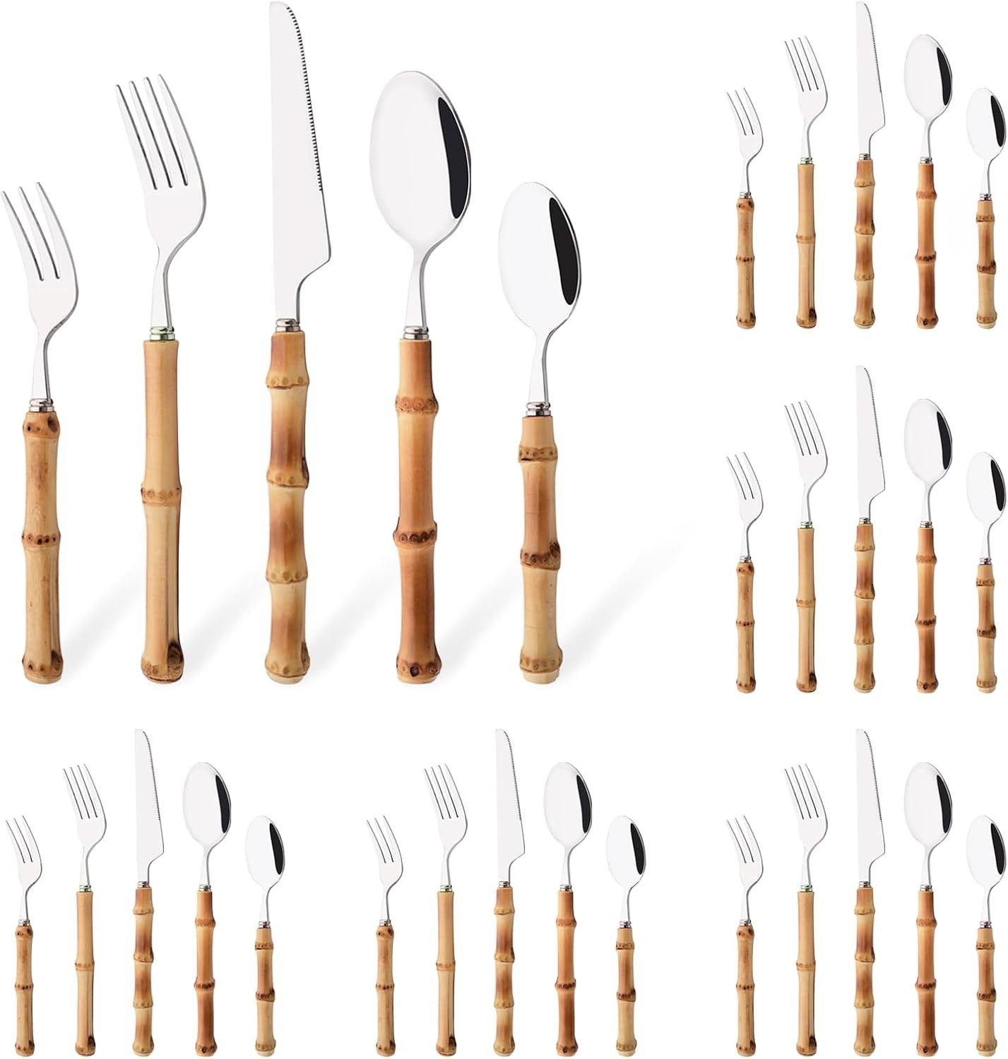 40PCS Silverware Set 10 Bamboo Handle Flatware Set Stainless Steel Cutlery Set