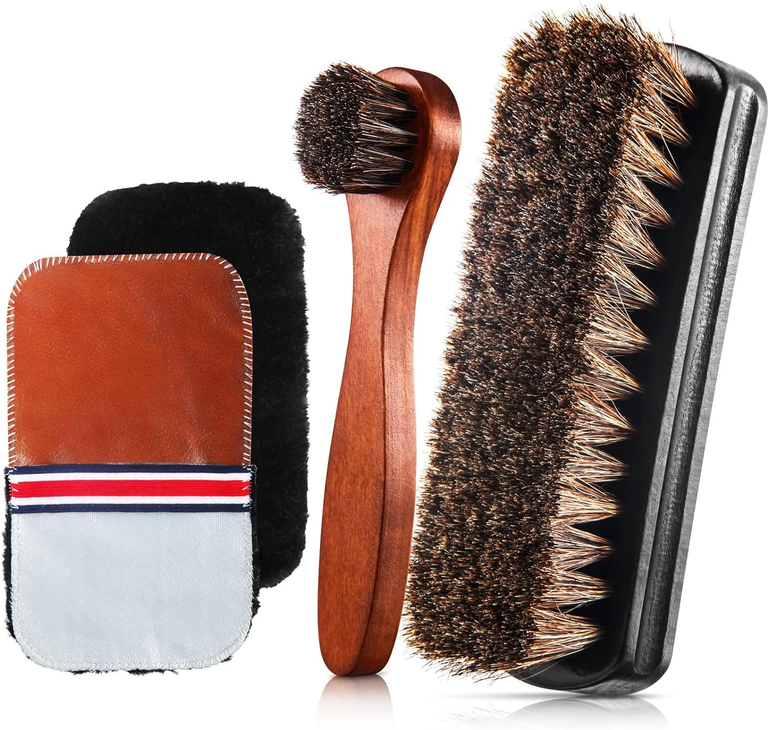 4 Pcs Horsehair Shine Shoes Brush Kit Polish Dauber Applicators Cleaning Leather