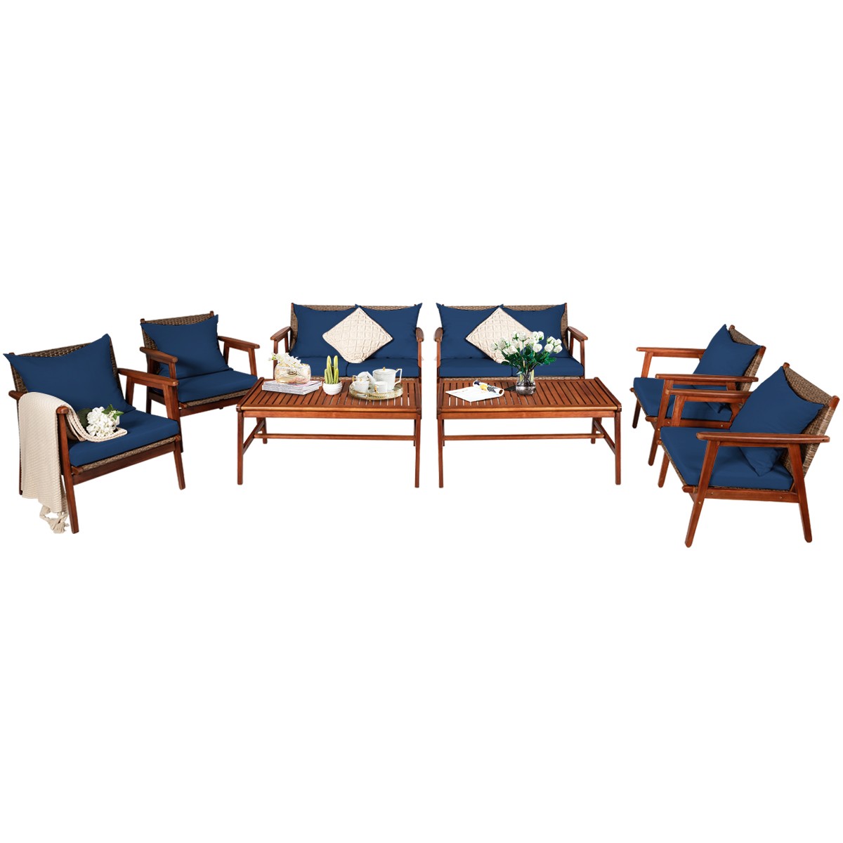 Patiojoy 8PCS Patio Outdoor Rattan Furniture Set Acacia Wood Frame Conversation
