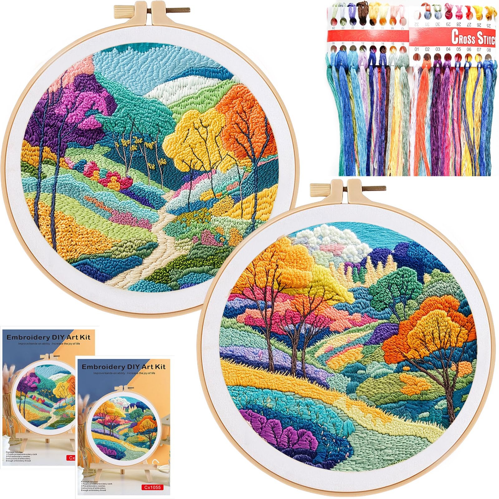 FONNUY 2 Set Embroidery Kit DIY for Adult 8 inches x 8 inches, Autumn Trees