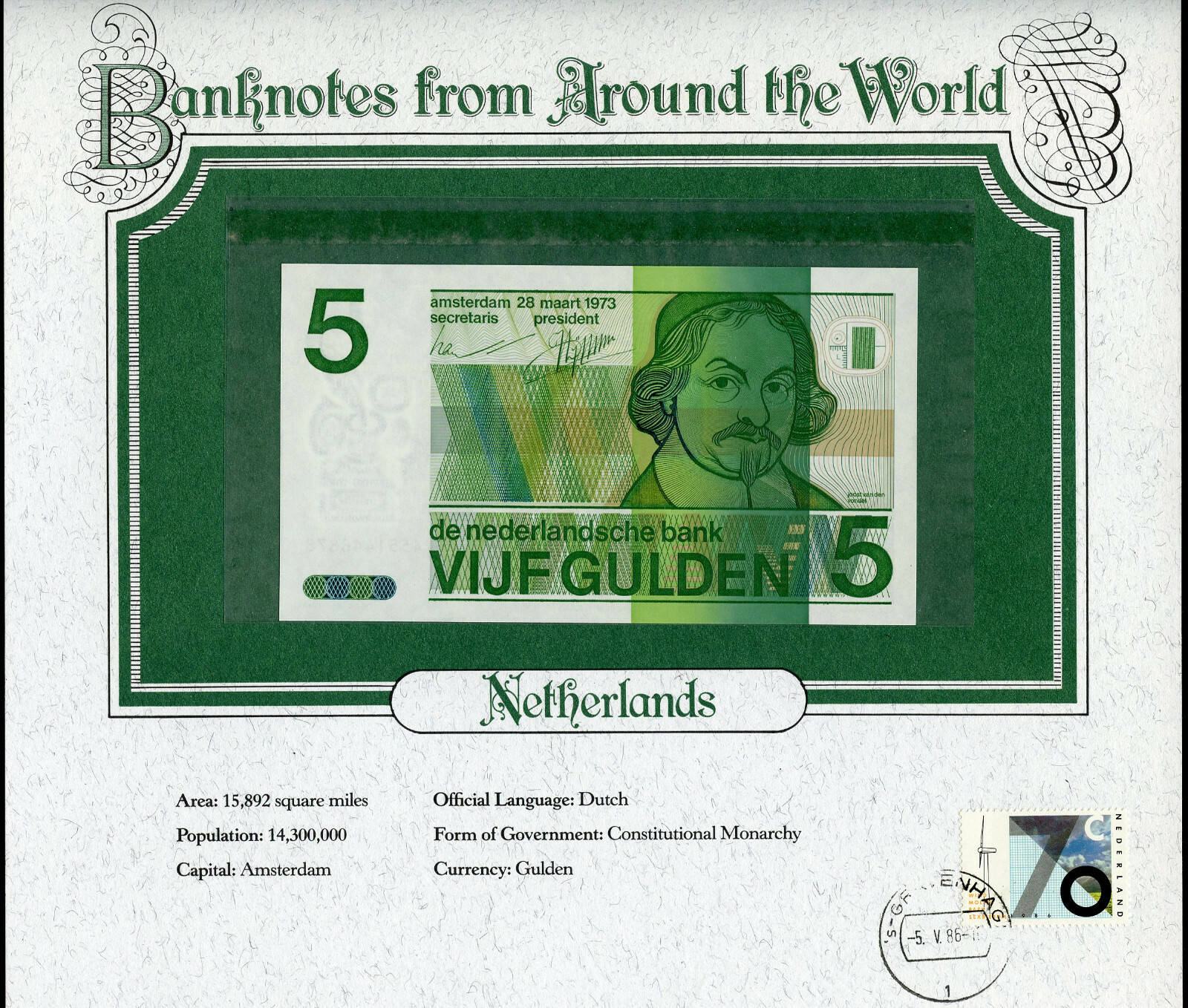 1973 Netherlands 5 Gulden P-95a UNC - Banknotes from Around the World   A3