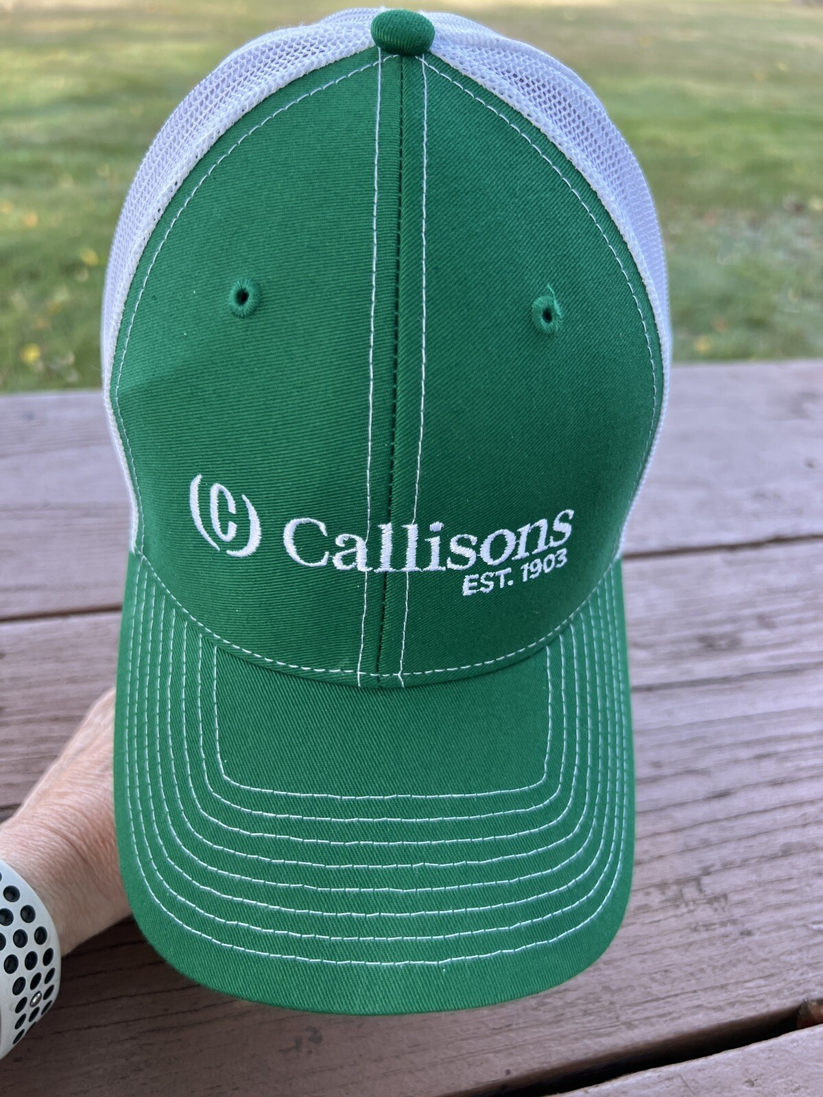 Richardson Trucker Hat112: Green Front/Bill White Mesh back. Callison’s EST 1903
