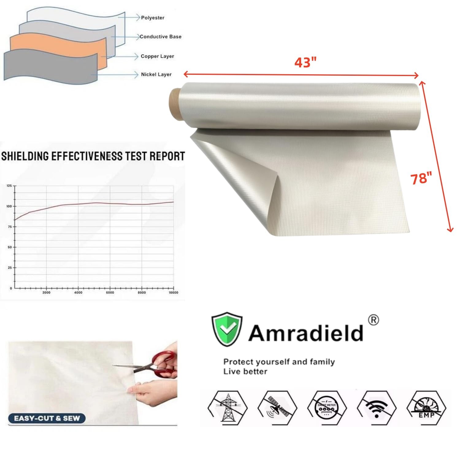 Amradield Waterproof EMF Blocking Width 43" inch / Length 78" inch, Silver
