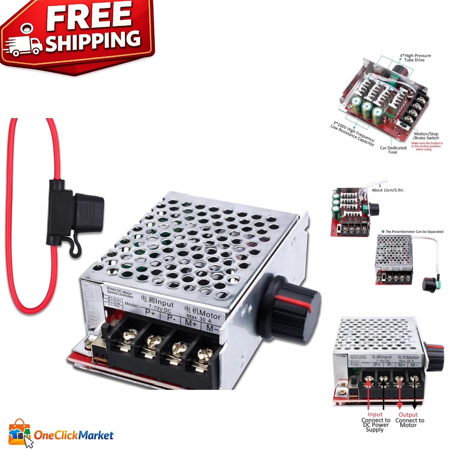 Adjustable Speed Controller for DC Motors 7-70V with Safety Fuse - 30A Power