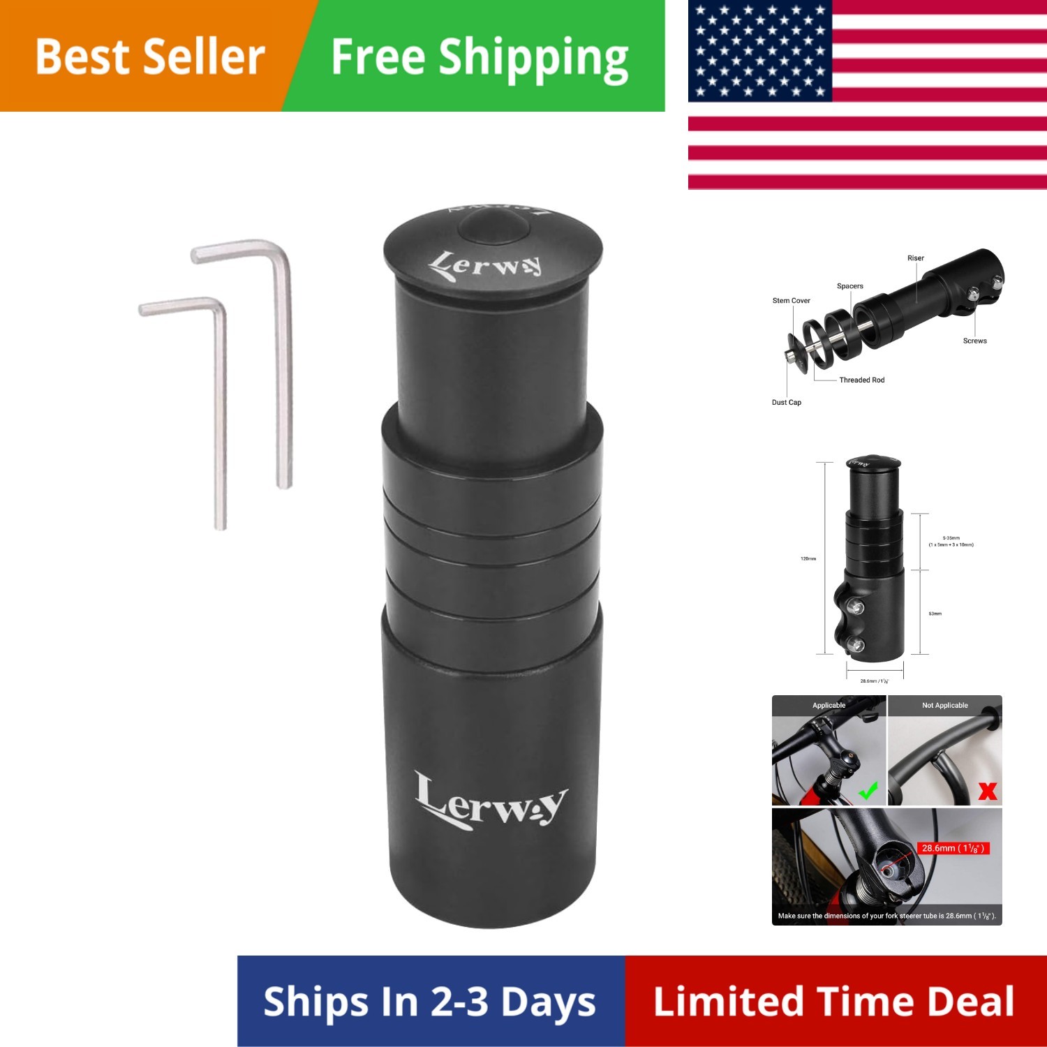 Bike Stem Riser Extender MTB Handlebar Stem Adapter with Hex Key for 1-1/8" 2...